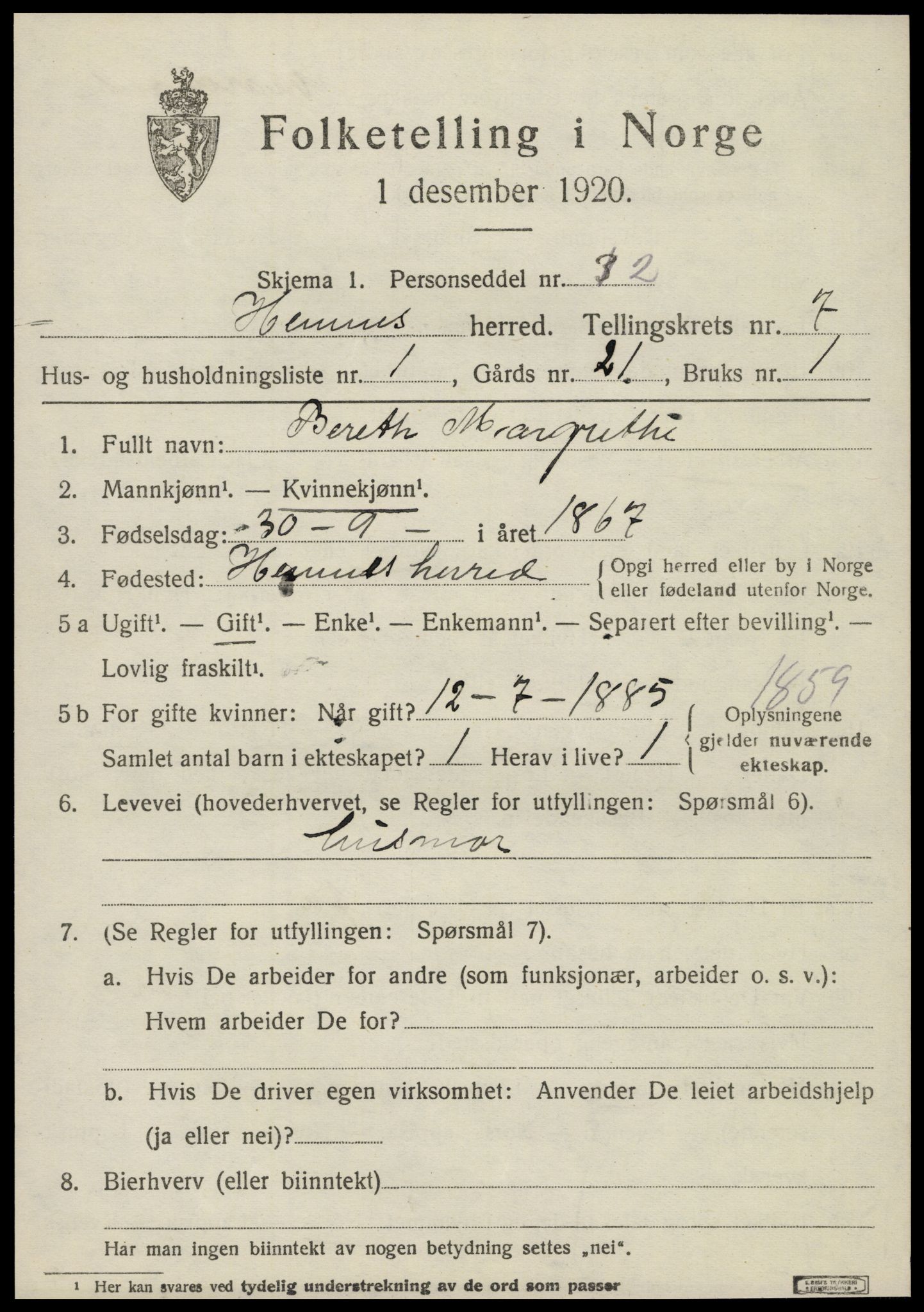 SAT, 1920 census for Hemnes, 1920, p. 6924