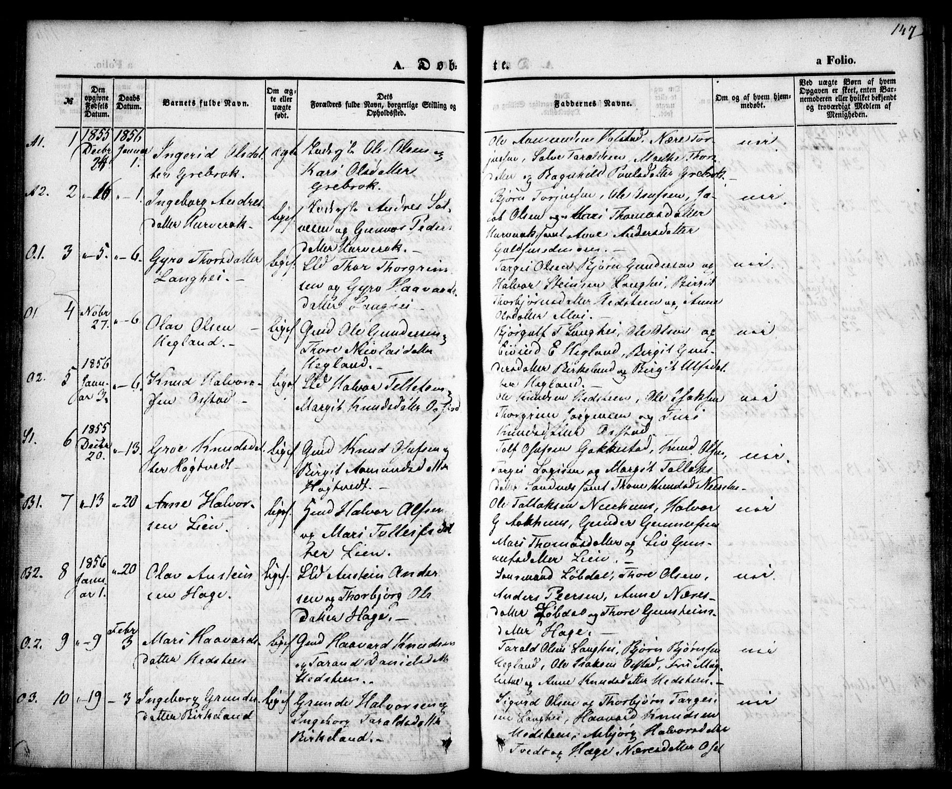 Bygland sokneprestkontor, SAK/1111-0006/F/Fa/Fab/L0004: Parish register (official) no. A 4, 1842-1858, p. 147