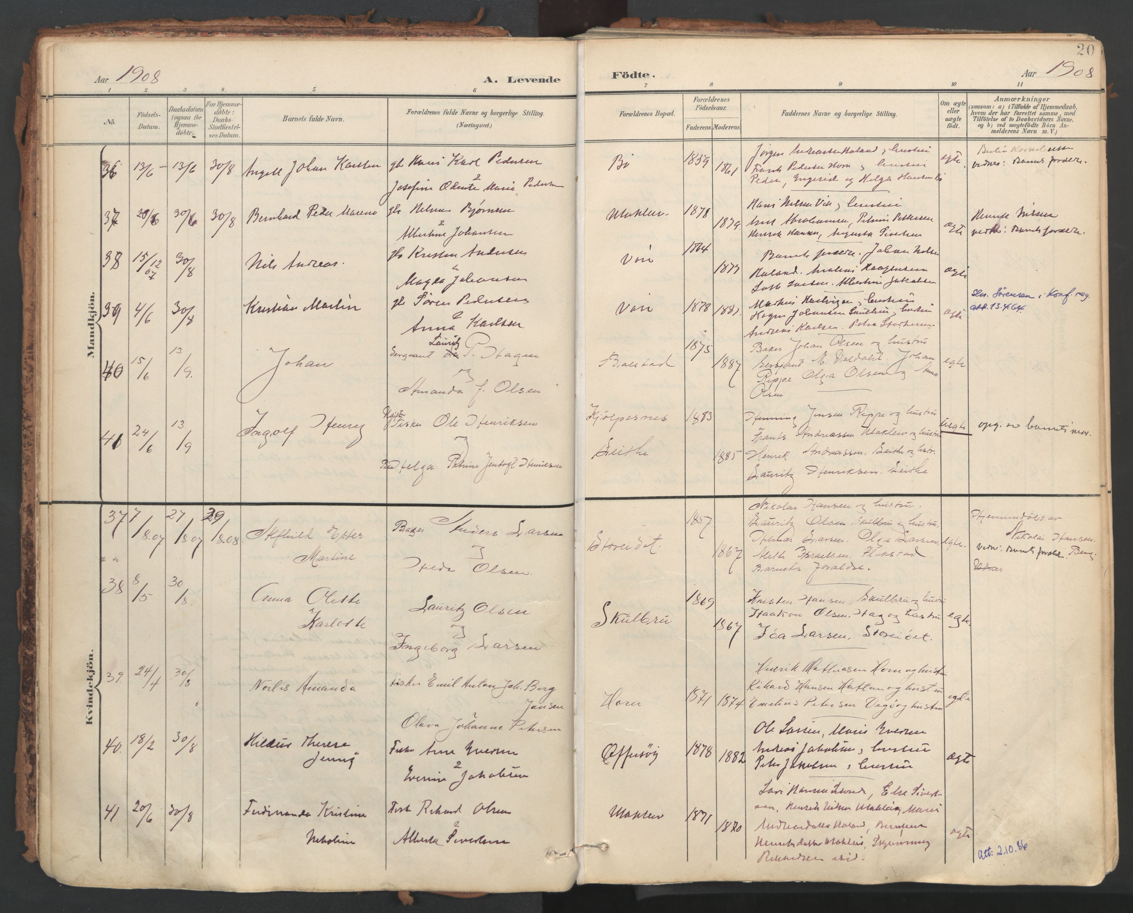 Ministerialprotokoller, klokkerbøker og fødselsregistre - Nordland, AV/SAT-A-1459/881/L1154: Parish register (official) no. 881A07, 1907-1918, p. 20