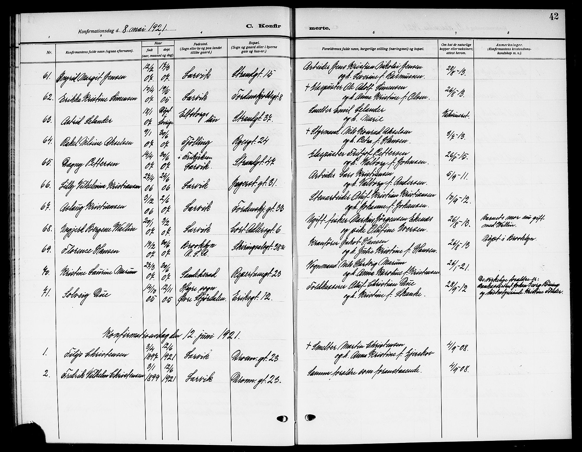 Larvik kirkebøker, AV/SAKO-A-352/G/Ga/L0009: Parish register (copy) no. I 9, 1918-1923, p. 42