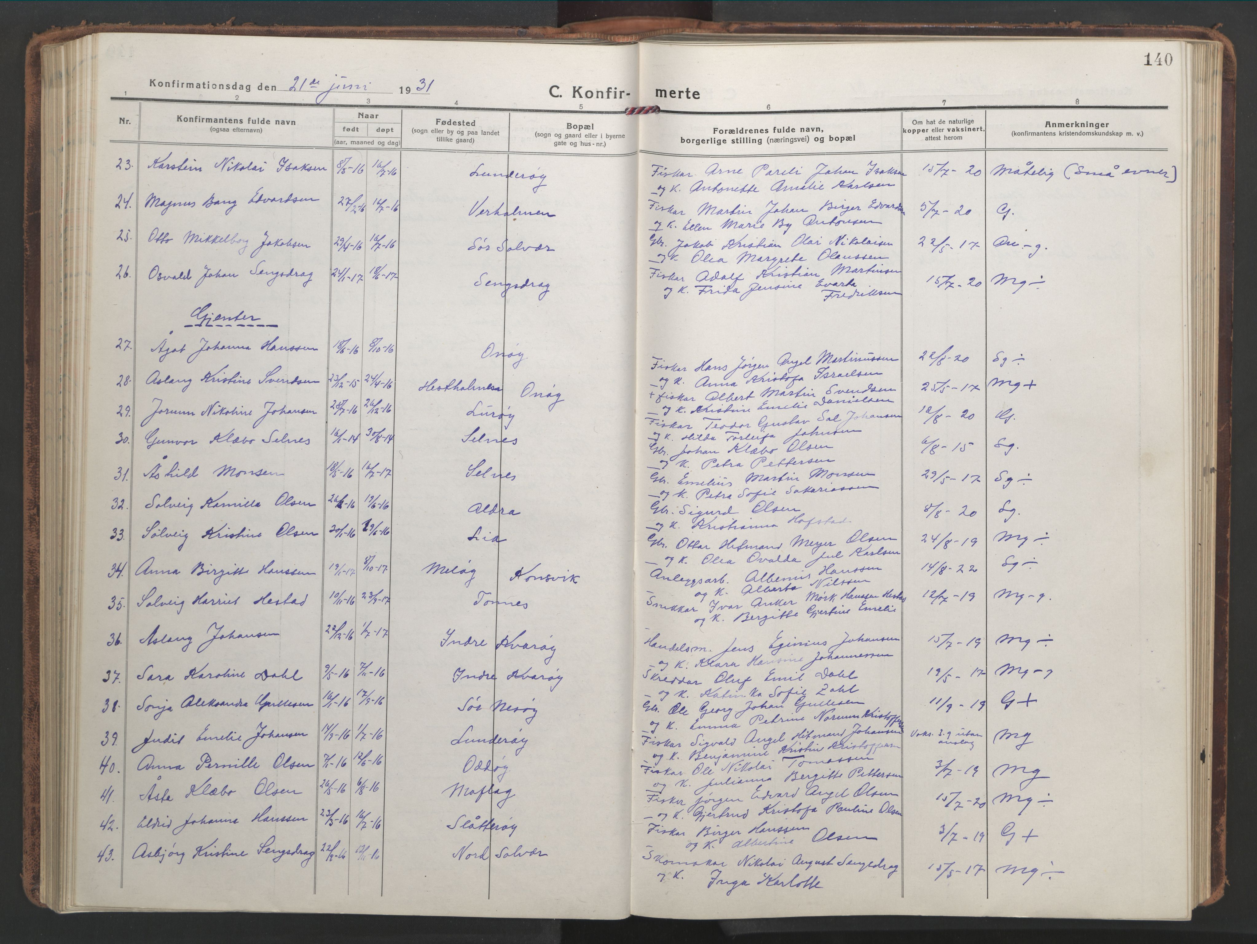 Ministerialprotokoller, klokkerbøker og fødselsregistre - Nordland, AV/SAT-A-1459/839/L0574: Parish register (copy) no. 839C04, 1918-1950, p. 140