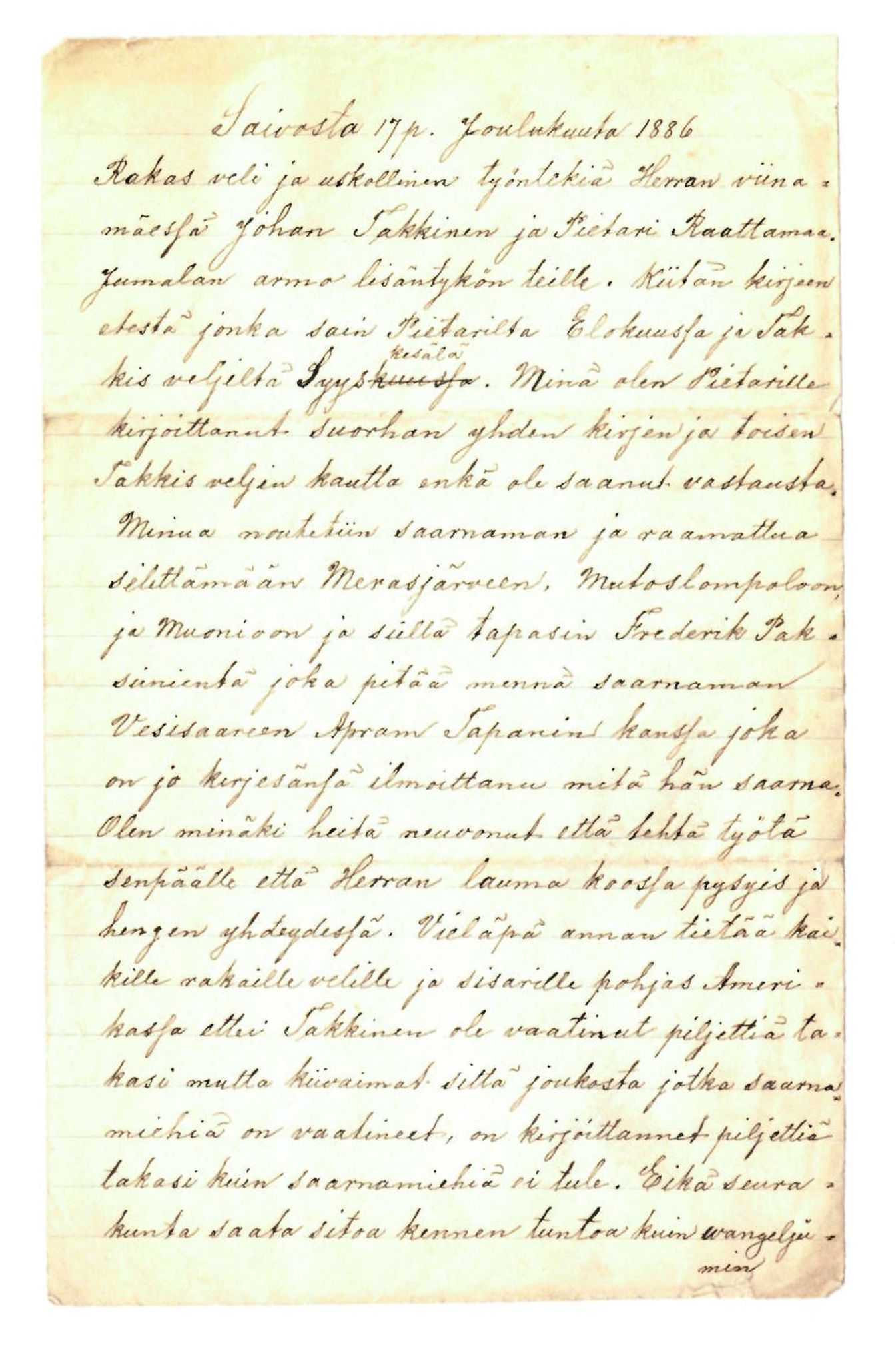 Elise Balos brevsamling, FMFB/A-1082/F/Fa/L0004: Brev fra J.Raattamaa til J.Takkinen og P.Raattamaa , 1886