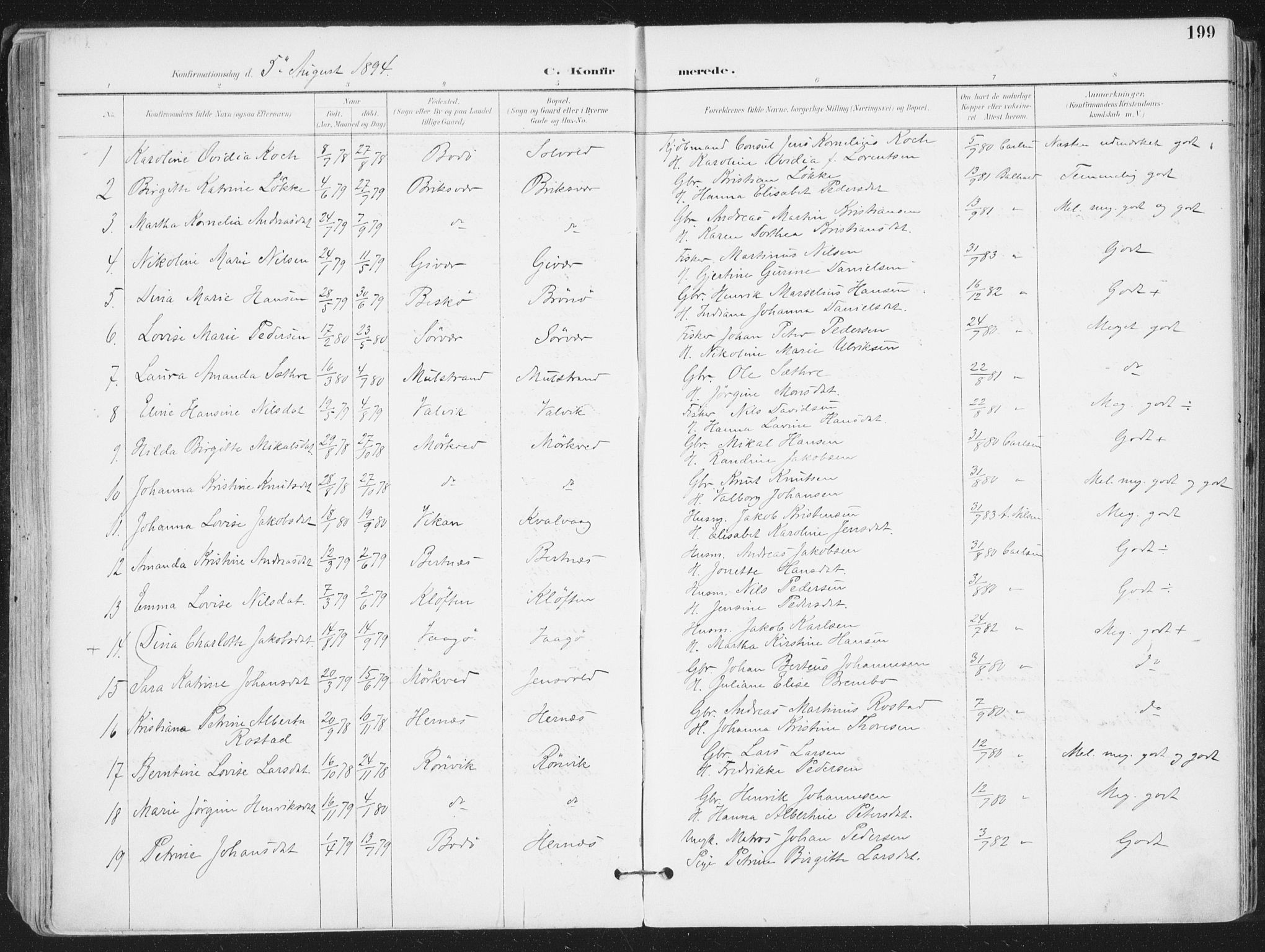 Ministerialprotokoller, klokkerbøker og fødselsregistre - Nordland, SAT/A-1459/802/L0055: Parish register (official) no. 802A02, 1894-1915, p. 199