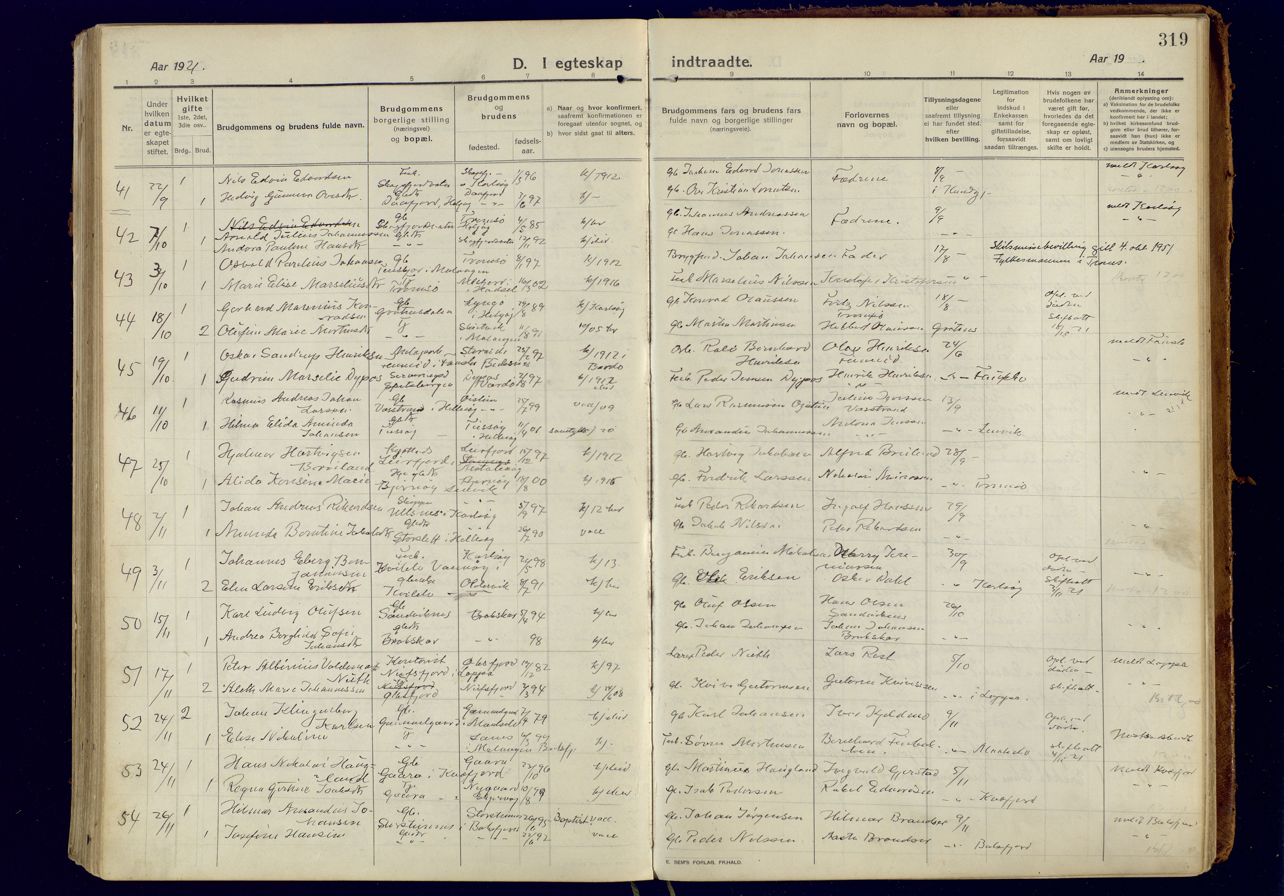 Tromsøysund sokneprestkontor, AV/SATØ-S-1304/G/Ga/L0008kirke: Parish register (official) no. 8, 1914-1922, p. 319