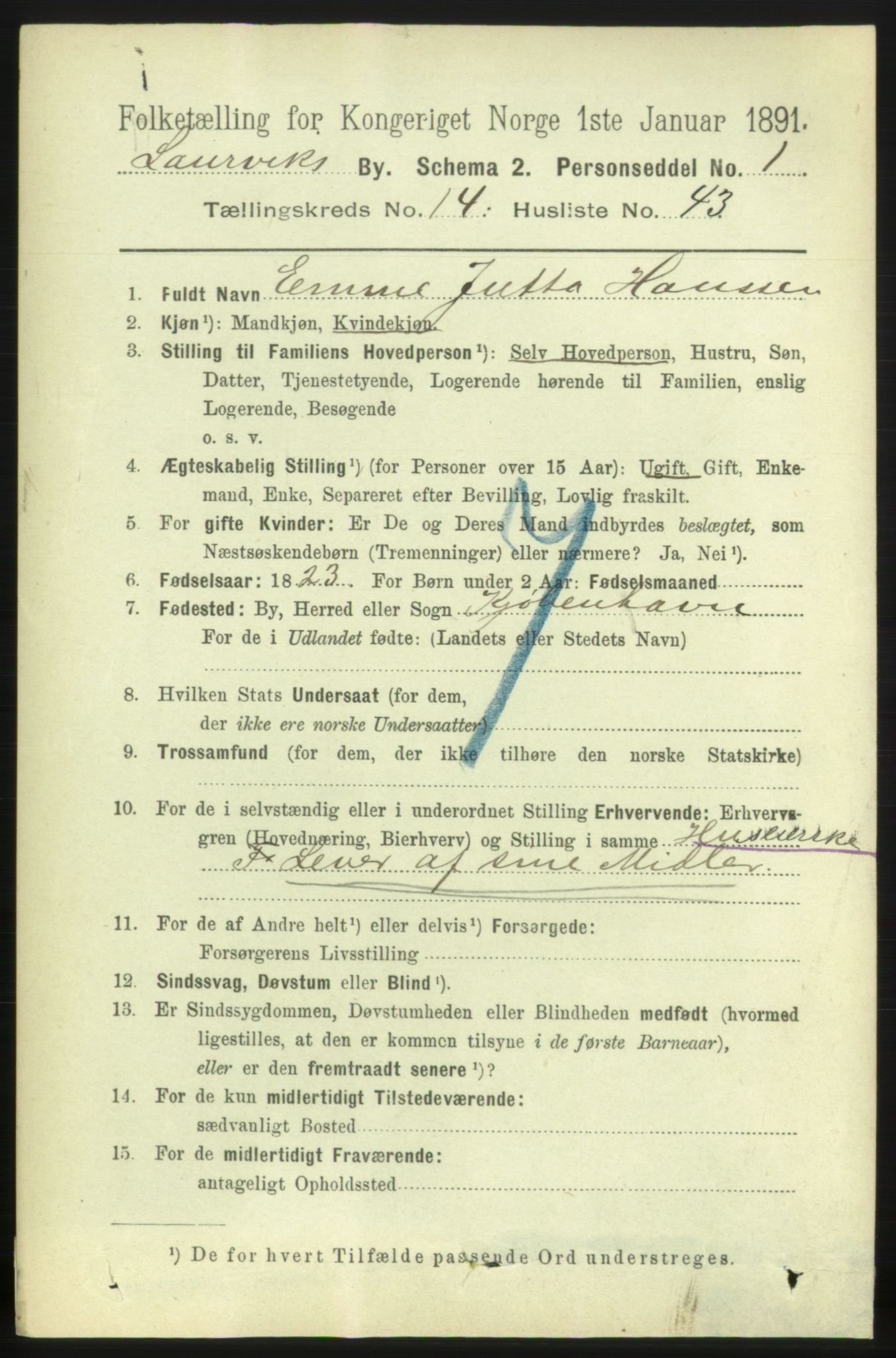 RA, 1891 census for 0707 Larvik, 1891, p. 11326