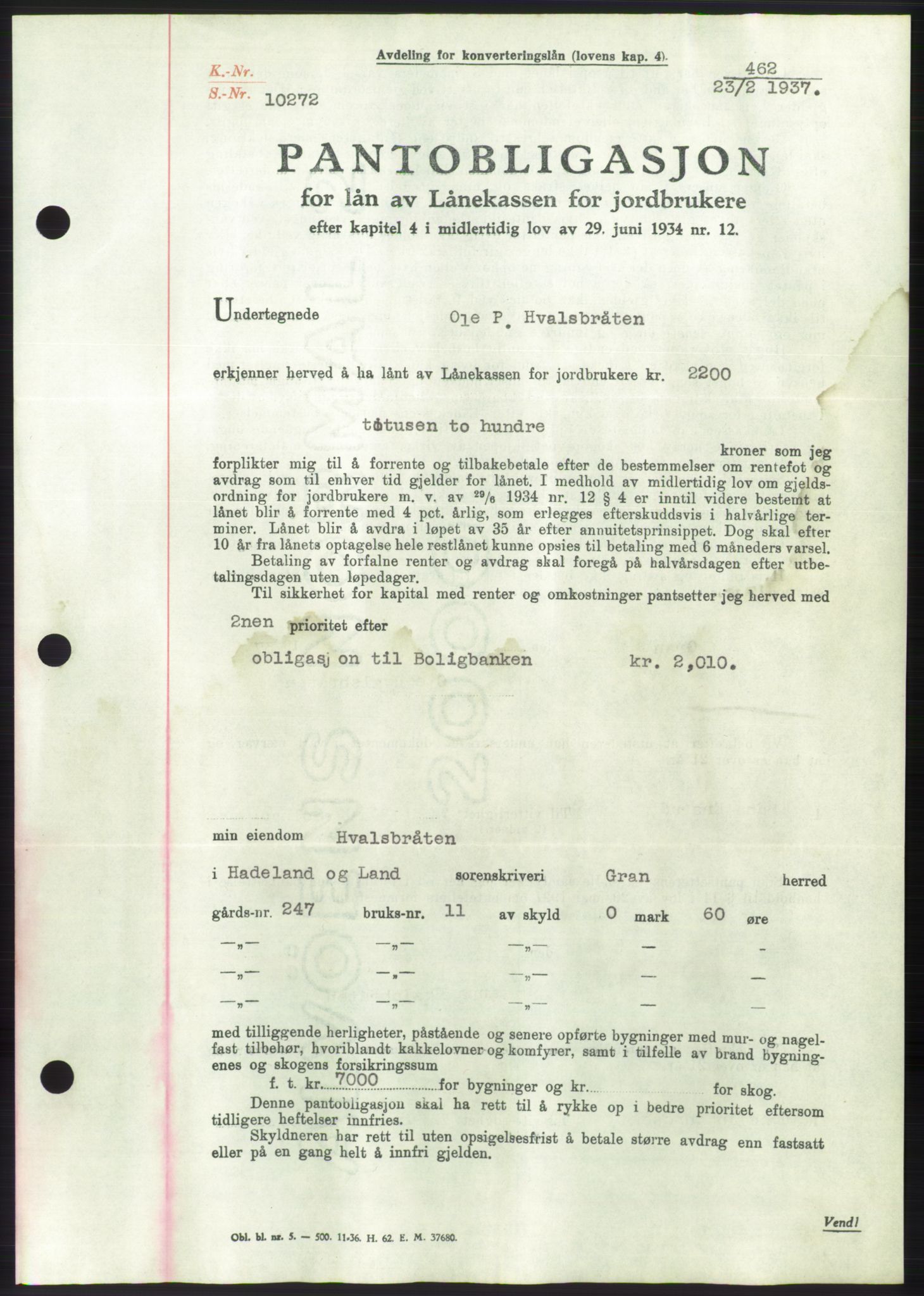 Hadeland og Land tingrett, SAH/TING-010/H/Hb/Hbc/L0002: Mortgage book no. B2, 1936-1937, Diary no: : 462/1937