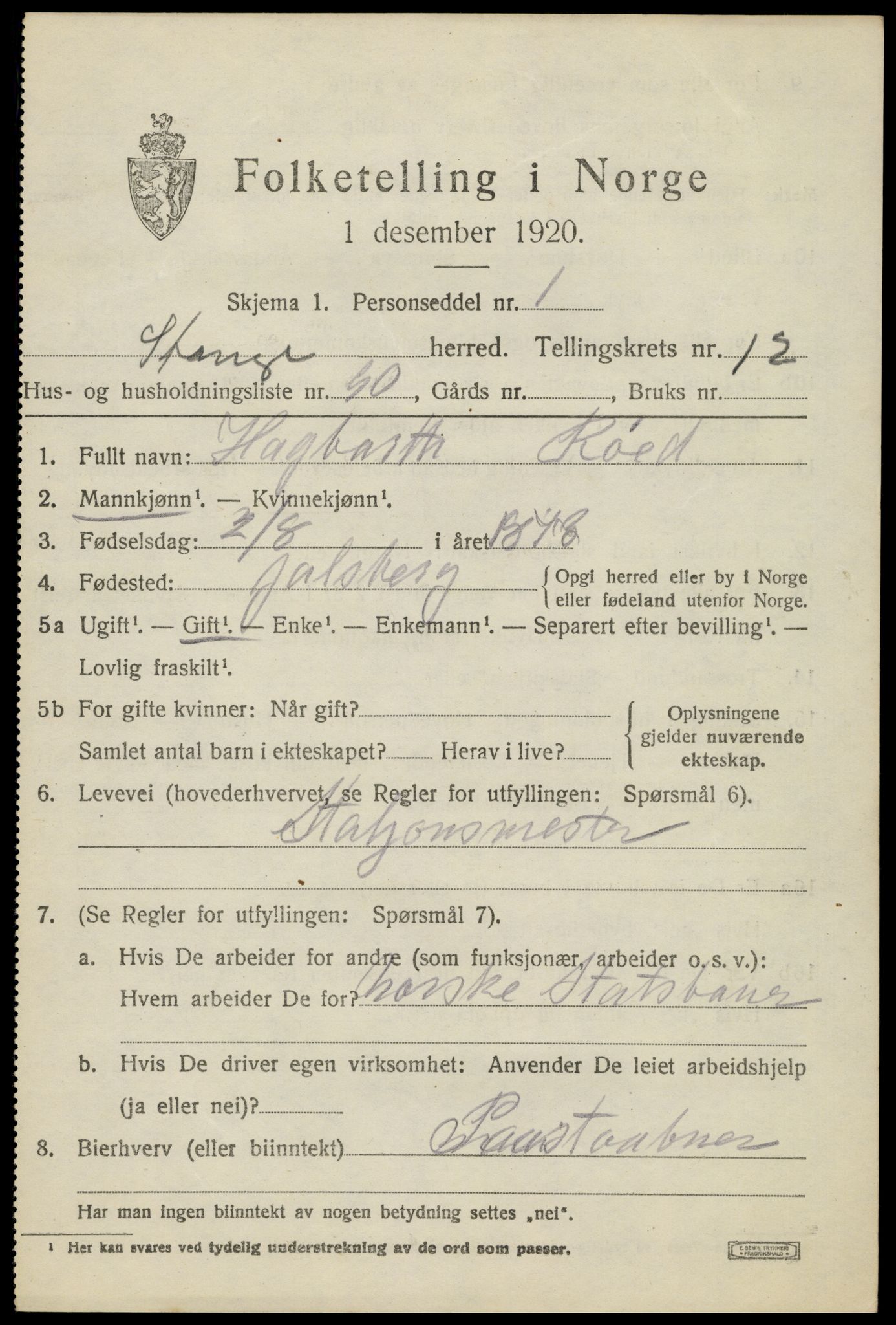 SAH, 1920 census for Stange, 1920, p. 19393