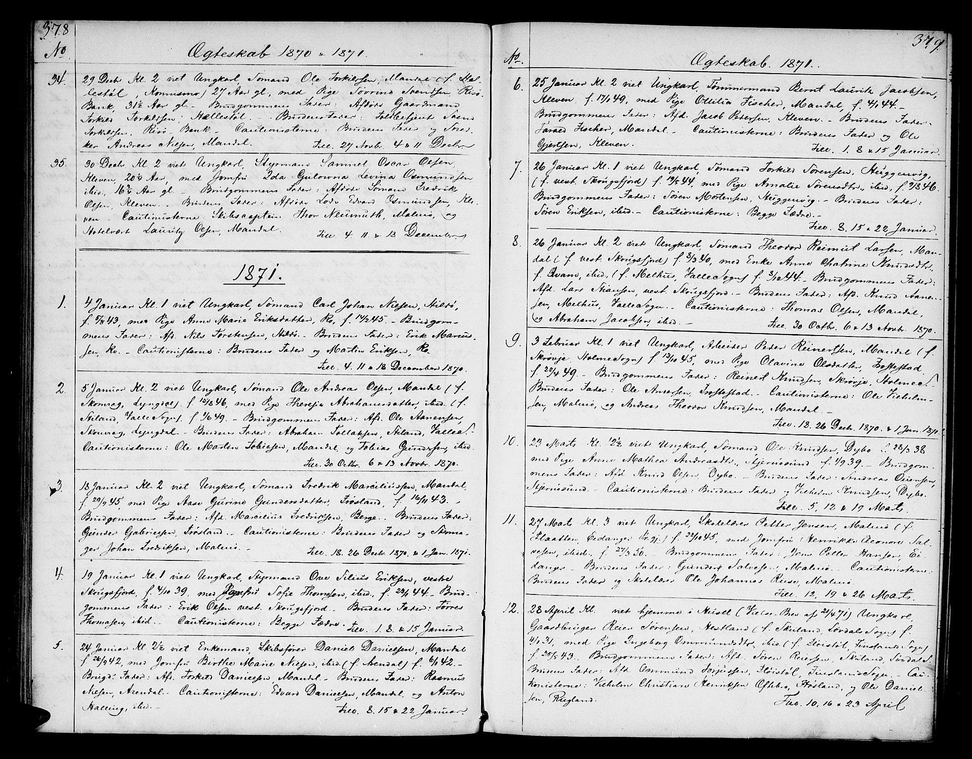Mandal sokneprestkontor, SAK/1111-0030/F/Fb/Fba/L0009: Parish register (copy) no. B 3, 1867-1877, p. 378-379