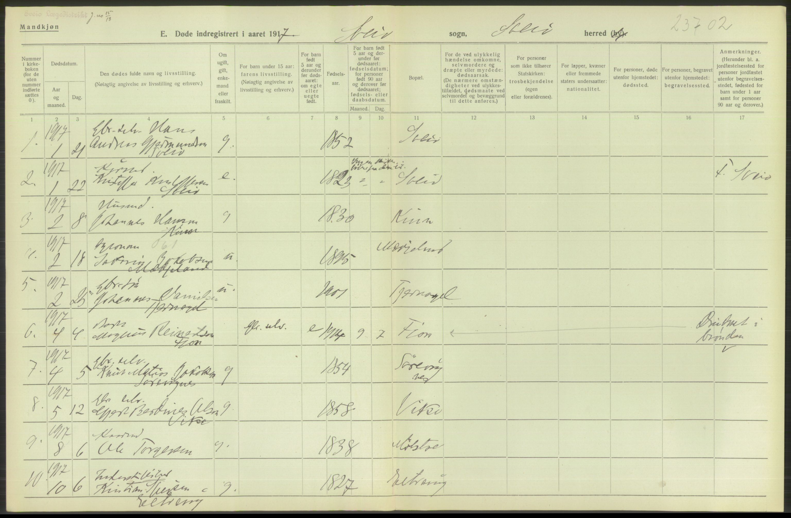 Statistisk sentralbyrå, Sosiodemografiske emner, Befolkning, RA/S-2228/D/Df/Dfb/Dfbg/L0036: S. Bergenhus amt: Døde, dødfødte. Bygder., 1917, p. 156