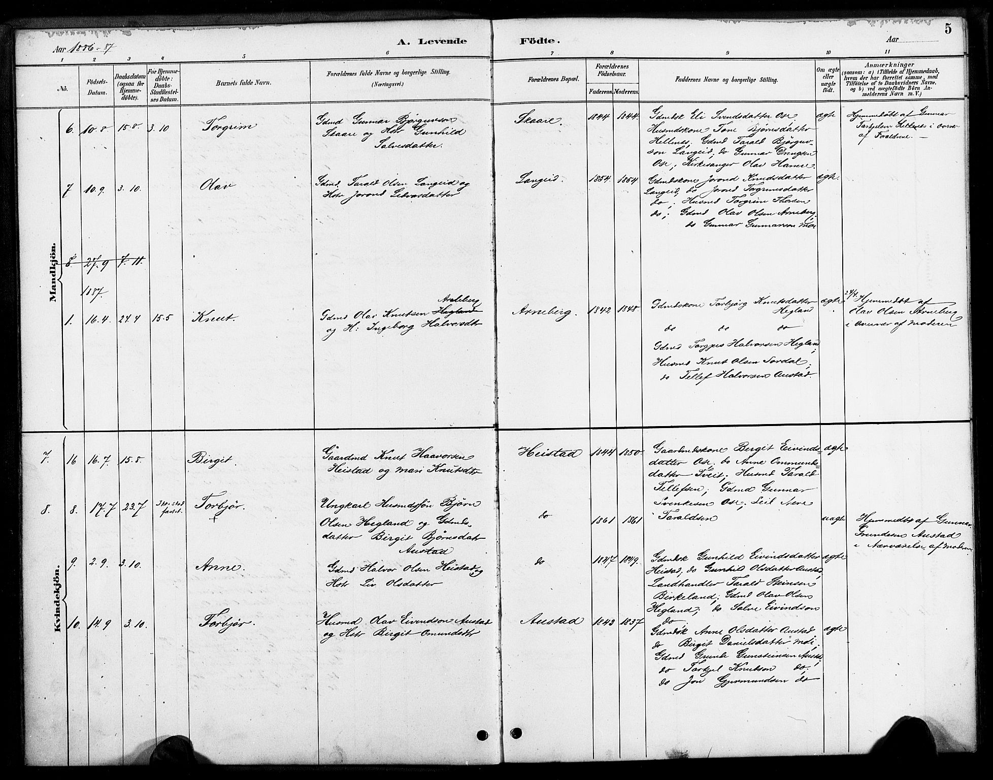 Bygland sokneprestkontor, SAK/1111-0006/F/Fa/Faa/L0001: Parish register (official) no. A 1, 1885-1908, p. 5