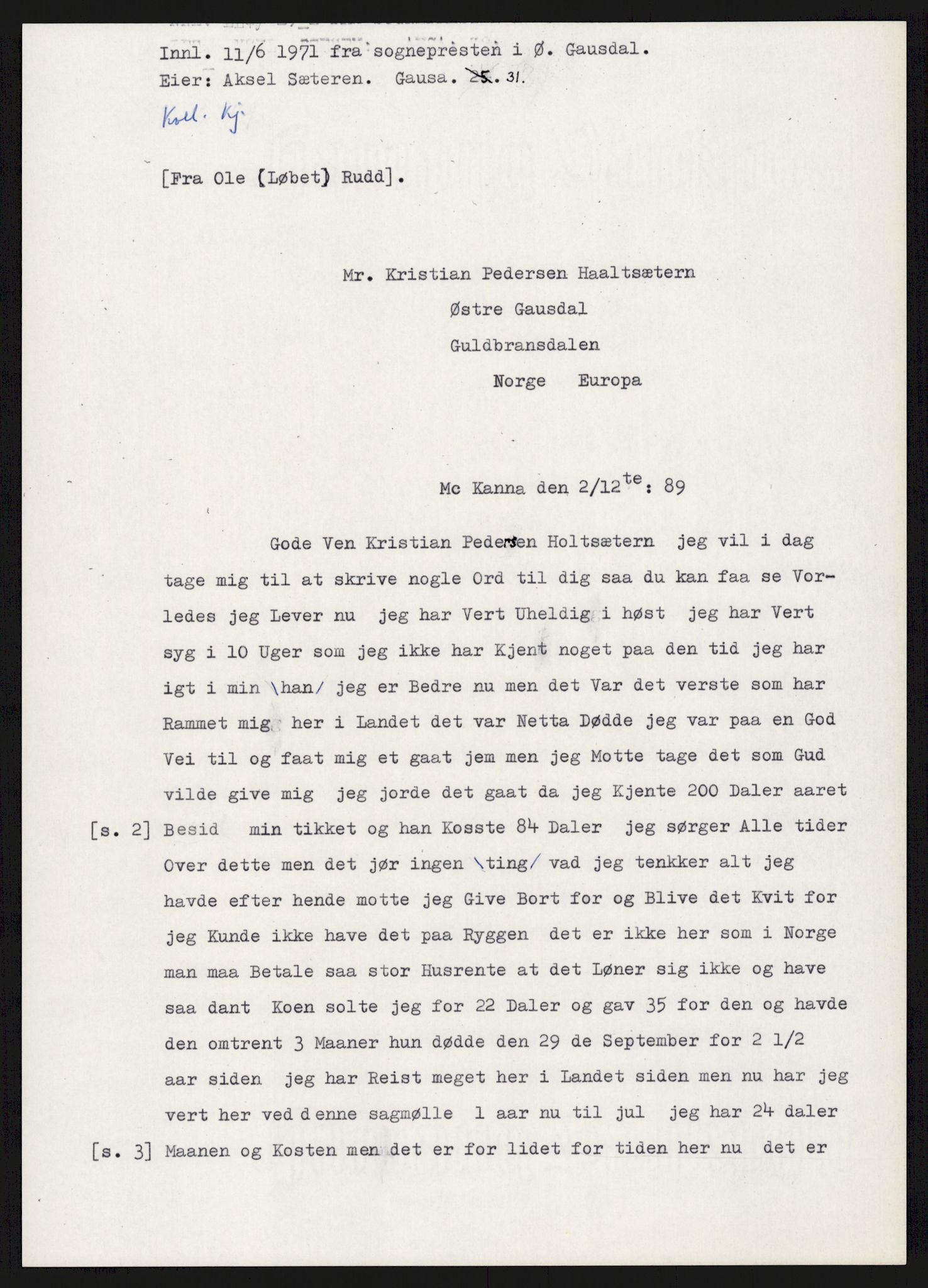 Samlinger til kildeutgivelse, Amerikabrevene, AV/RA-EA-4057/F/L0015: Innlån fra Oppland: Sæteren - Vigerust, 1838-1914, p. 233