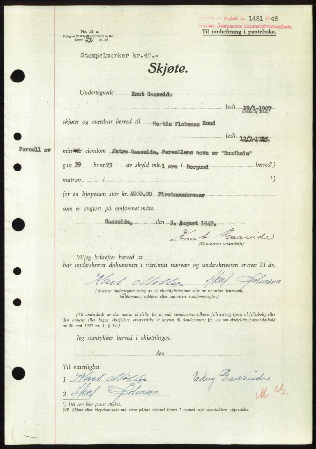 Nordre Sunnmøre sorenskriveri, AV/SAT-A-0006/1/2/2C/2Ca: Mortgage book no. A28, 1948-1948, Diary no: : 1481/1948