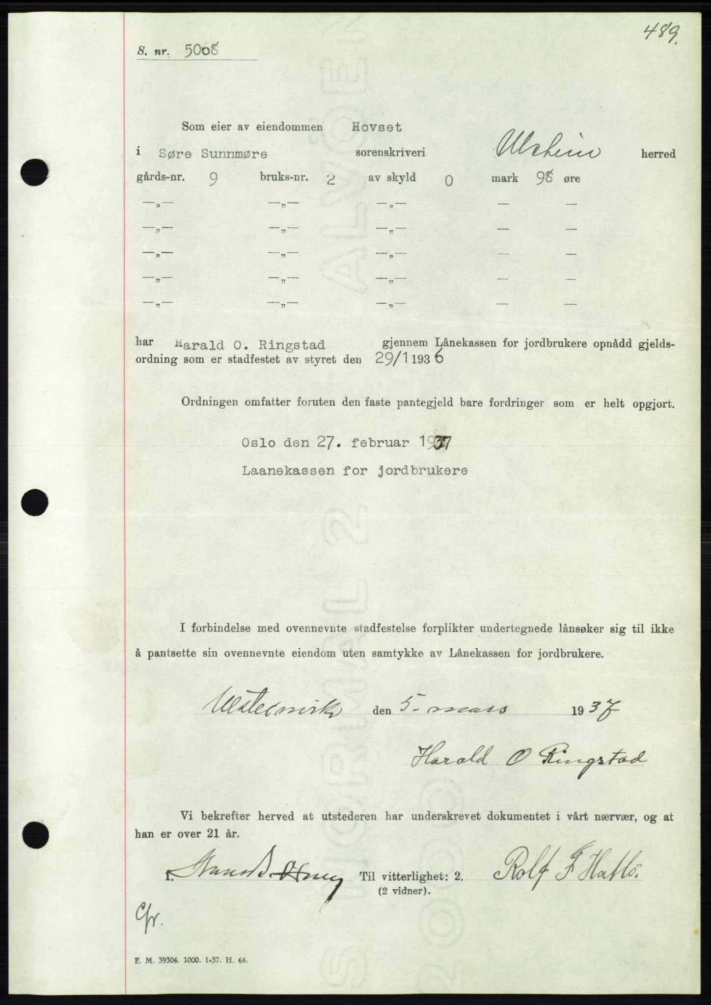 Søre Sunnmøre sorenskriveri, AV/SAT-A-4122/1/2/2C/L0062: Mortgage book no. 56, 1936-1937, Diary no: : 407/1937