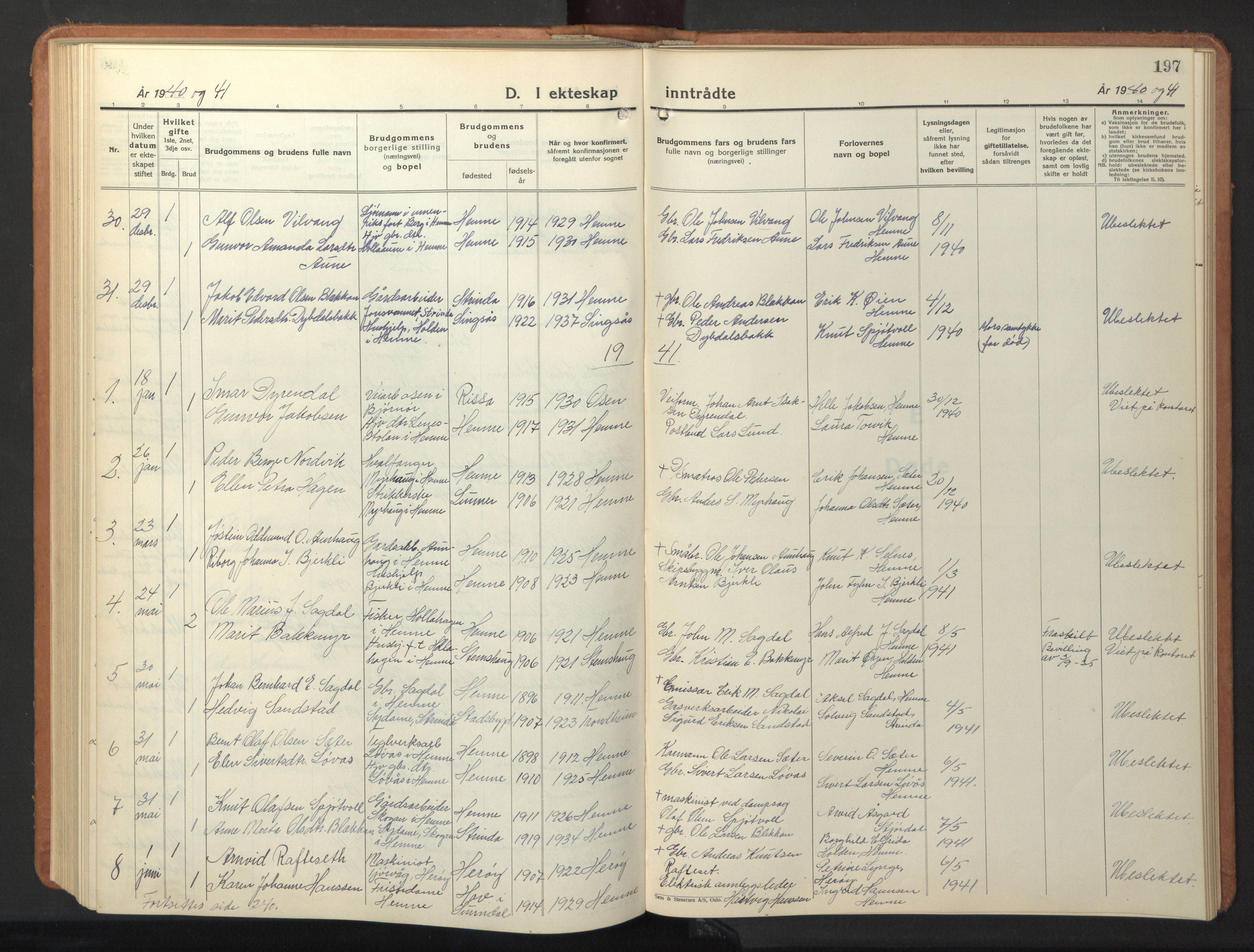 Ministerialprotokoller, klokkerbøker og fødselsregistre - Sør-Trøndelag, SAT/A-1456/630/L0508: Parish register (copy) no. 630C06, 1933-1950, p. 197