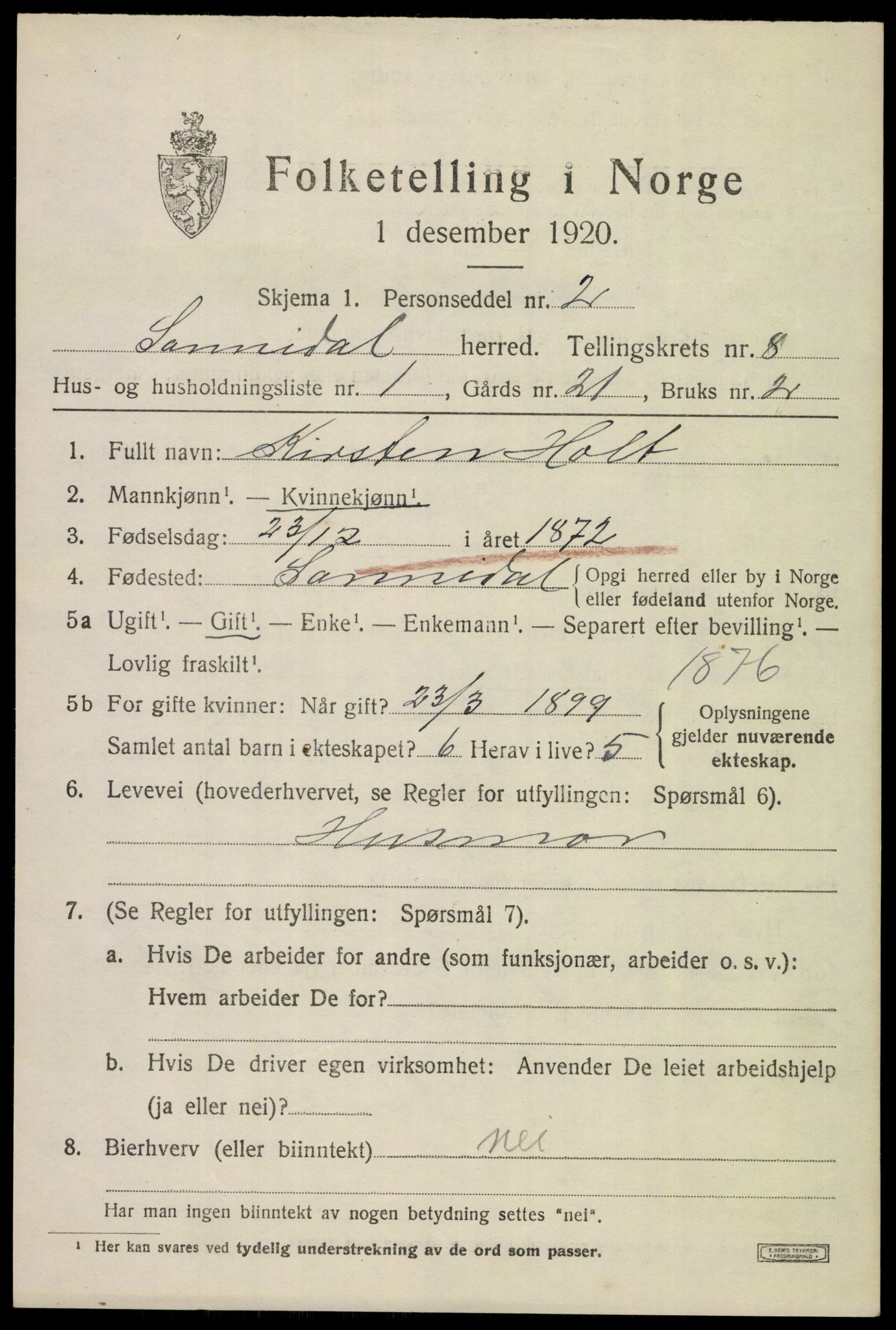 SAKO, 1920 census for Sannidal, 1920, p. 5387
