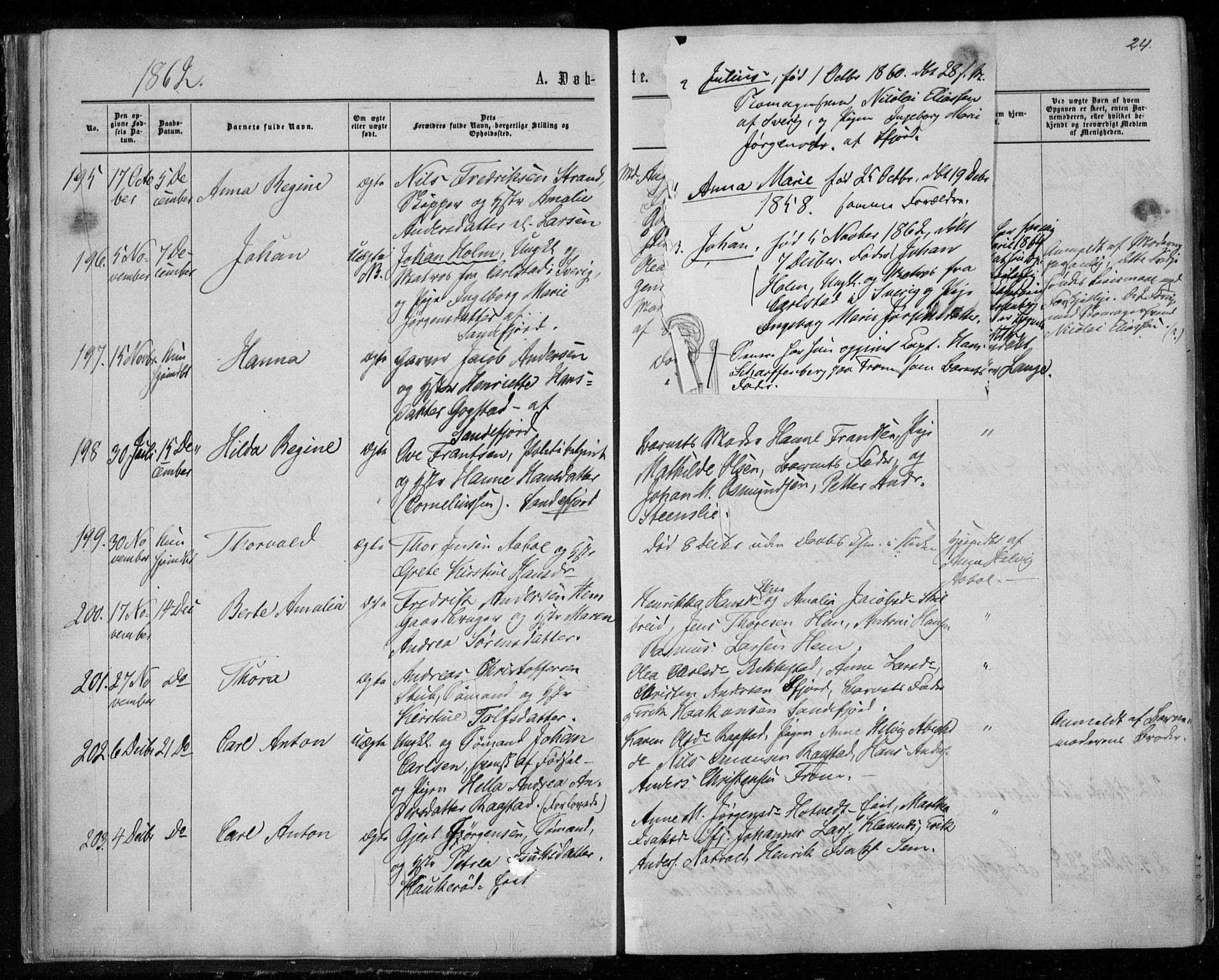 Sandar kirkebøker, AV/SAKO-A-243/F/Fa/L0008: Parish register (official) no. 8, 1862-1871, p. 24