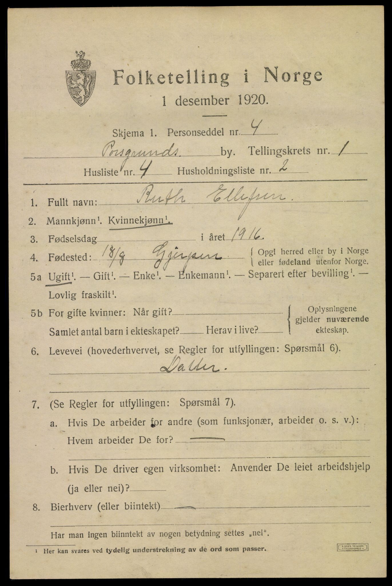 SAKO, 1920 census for Porsgrunn, 1920, p. 7145