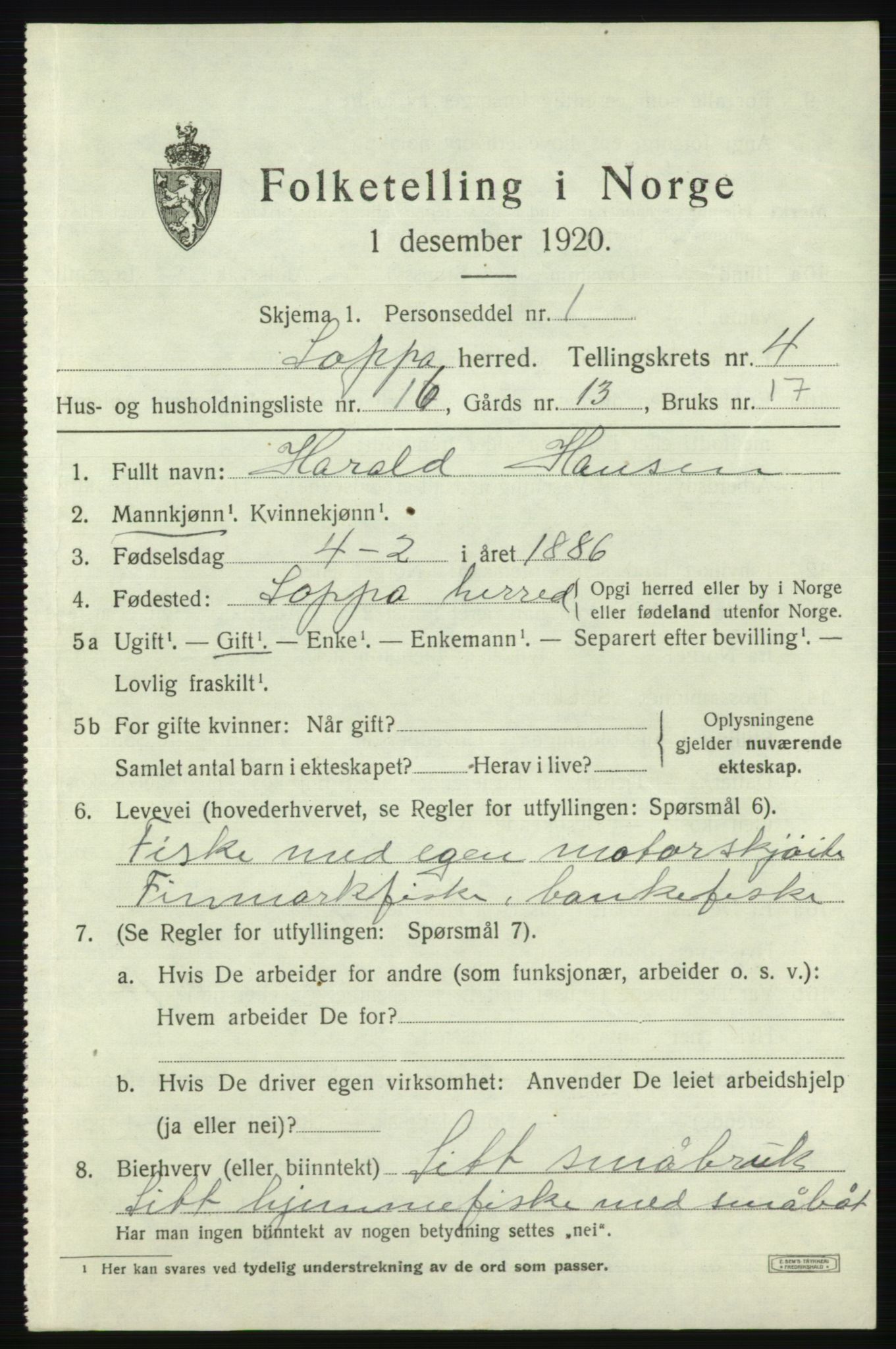 SATØ, 1920 census for Loppa, 1920, p. 1482