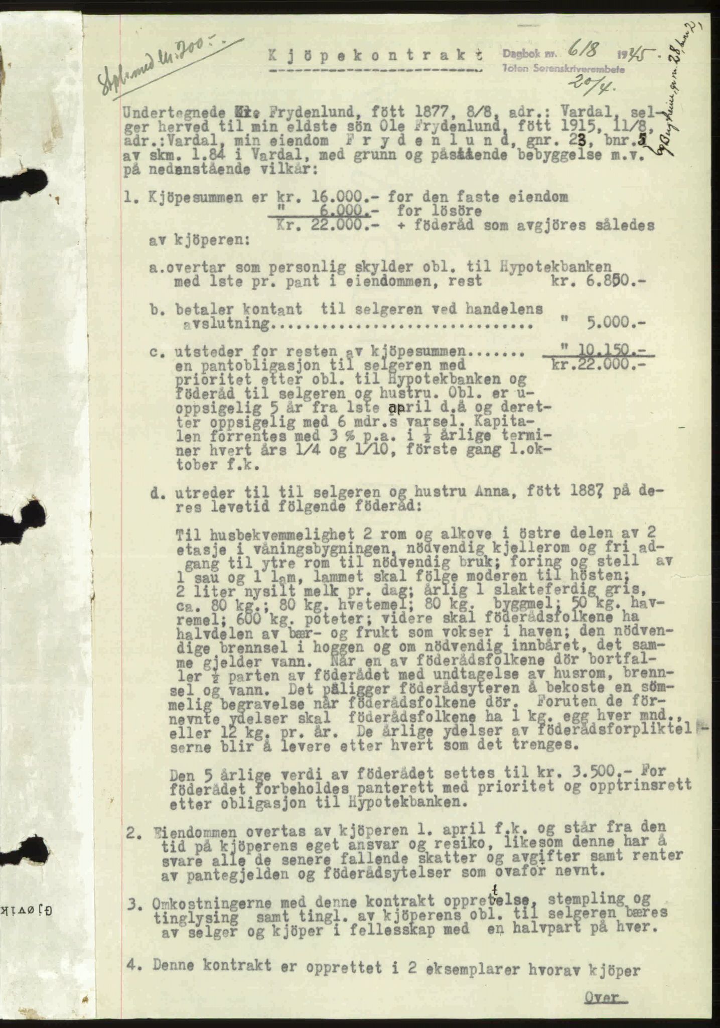 Toten tingrett, SAH/TING-006/H/Hb/Hbc/L0013: Mortgage book no. Hbc-13, 1945-1945, Diary no: : 618/1945