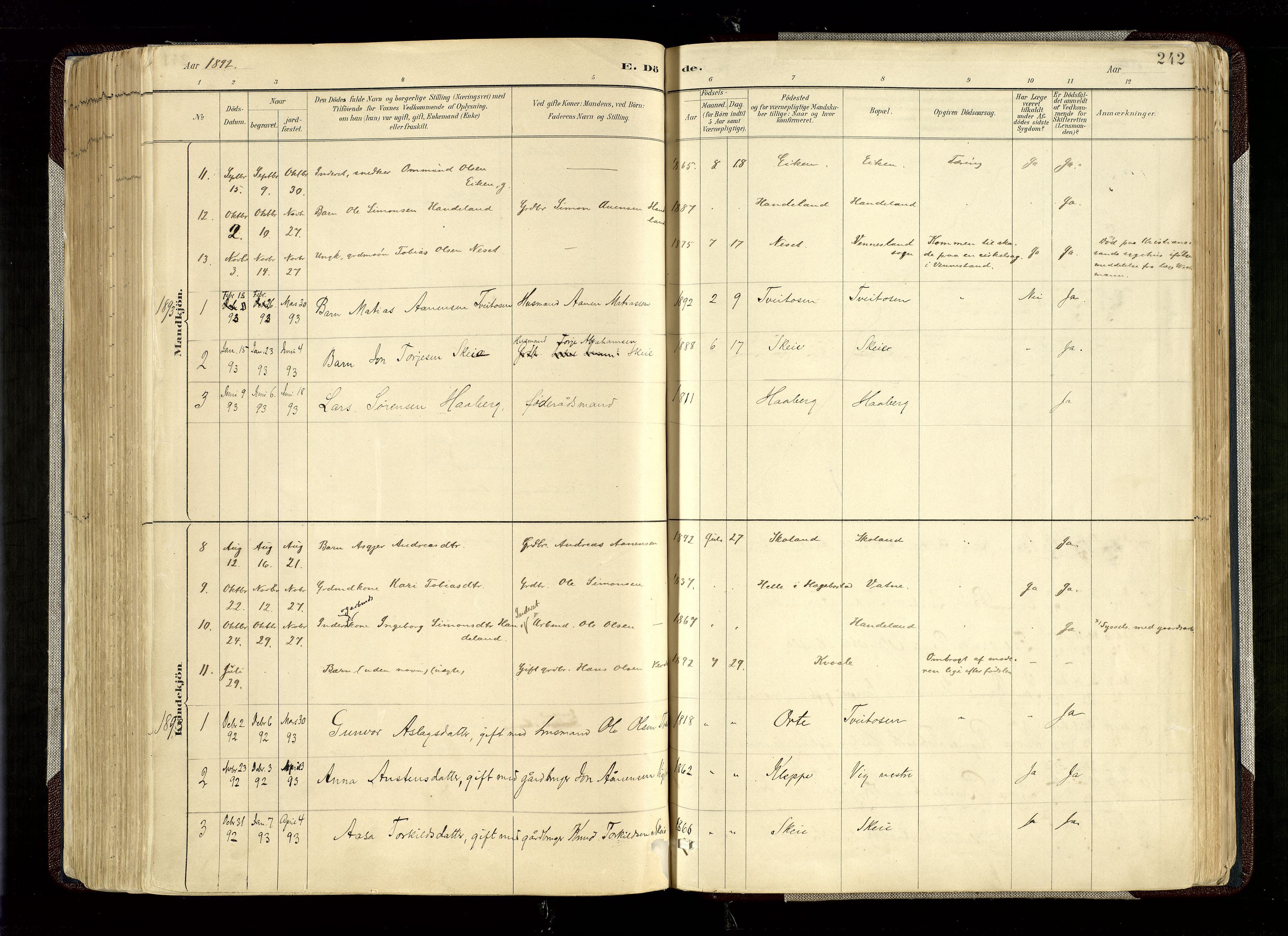 Hægebostad sokneprestkontor, SAK/1111-0024/F/Fa/Fab/L0004: Parish register (official) no. A 4, 1887-1929, p. 242