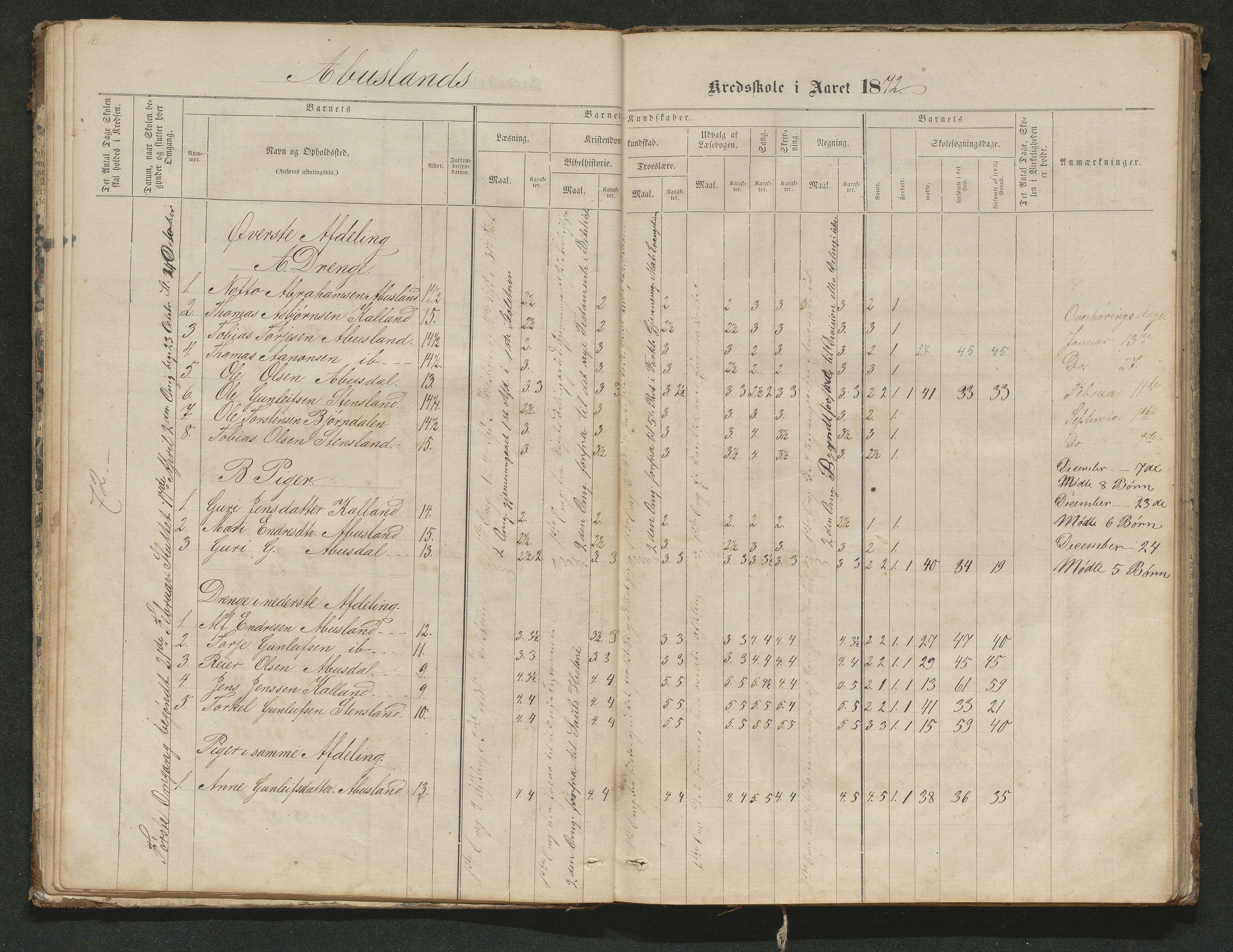 Hornnes kommune, Tønnesvold, Abusland skolekretser, AAKS/KA0936-550g/F1/L0001: Skoleprotokoll Abusland, Tønnesvold, 1864-1896, p. 16