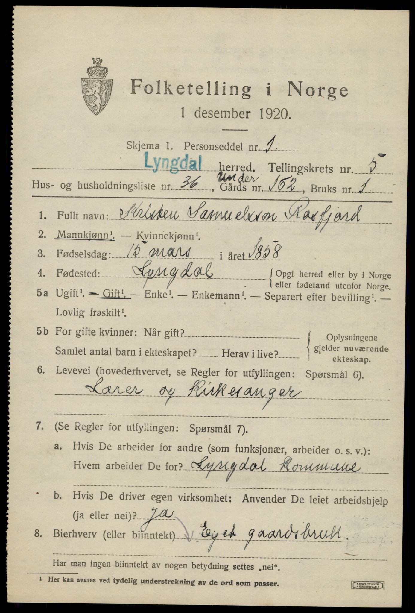 SAK, 1920 census for Lyngdal, 1920, p. 3325