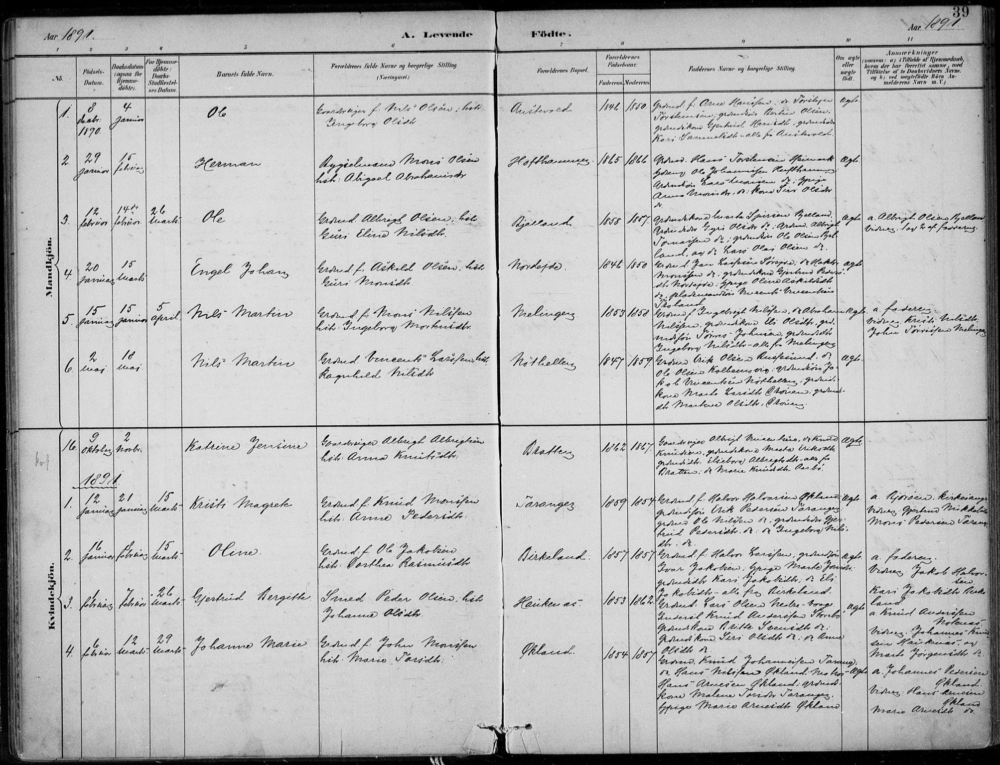 Sund sokneprestembete, AV/SAB-A-99930: Parish register (official) no. C  1, 1882-1899, p. 39
