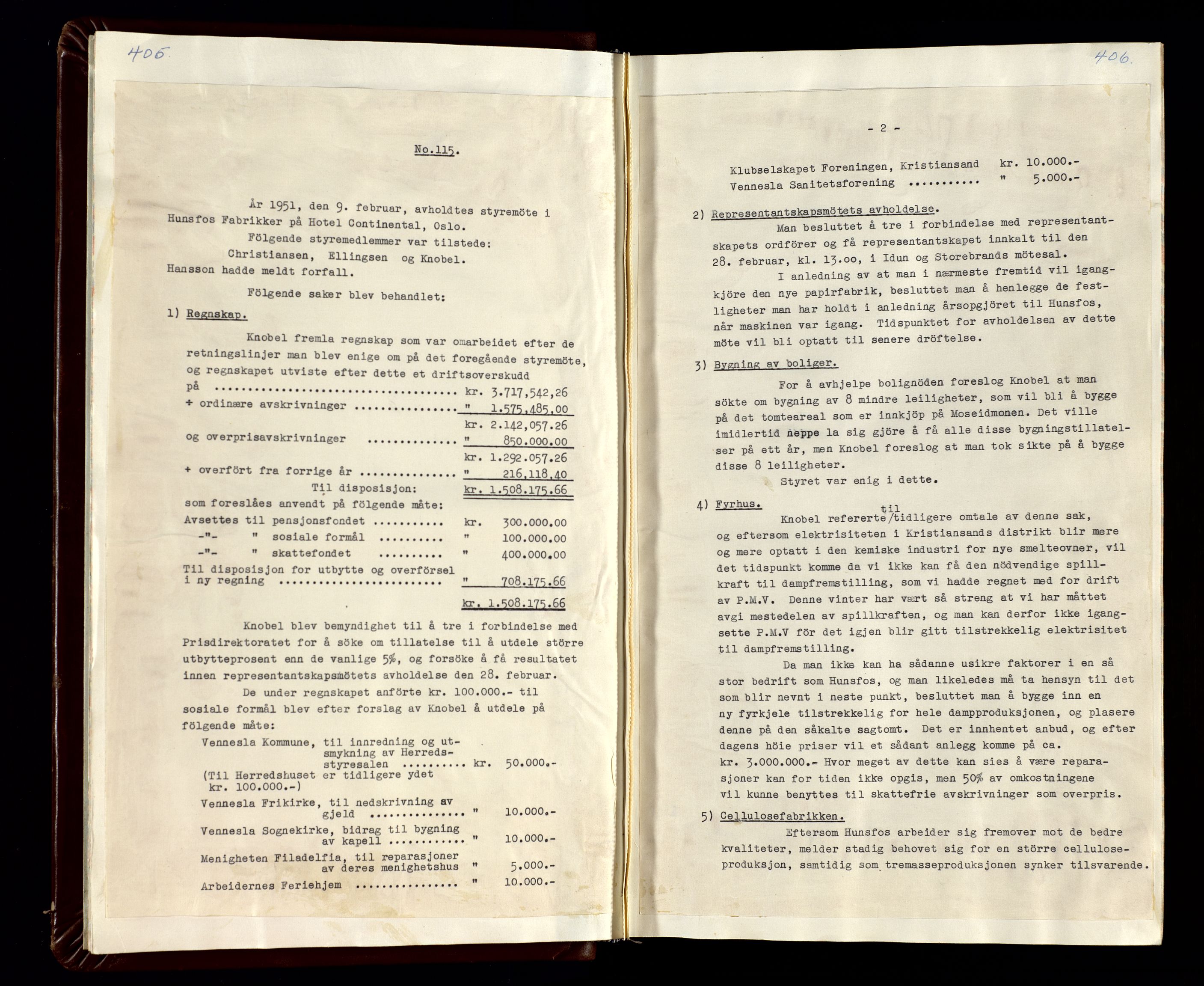 Hunsfos fabrikker, SAK/D/1440/02/L0007: Referatprotokoll fra styremøter (møte nr 114-221), 1951-1964, p. 405-406