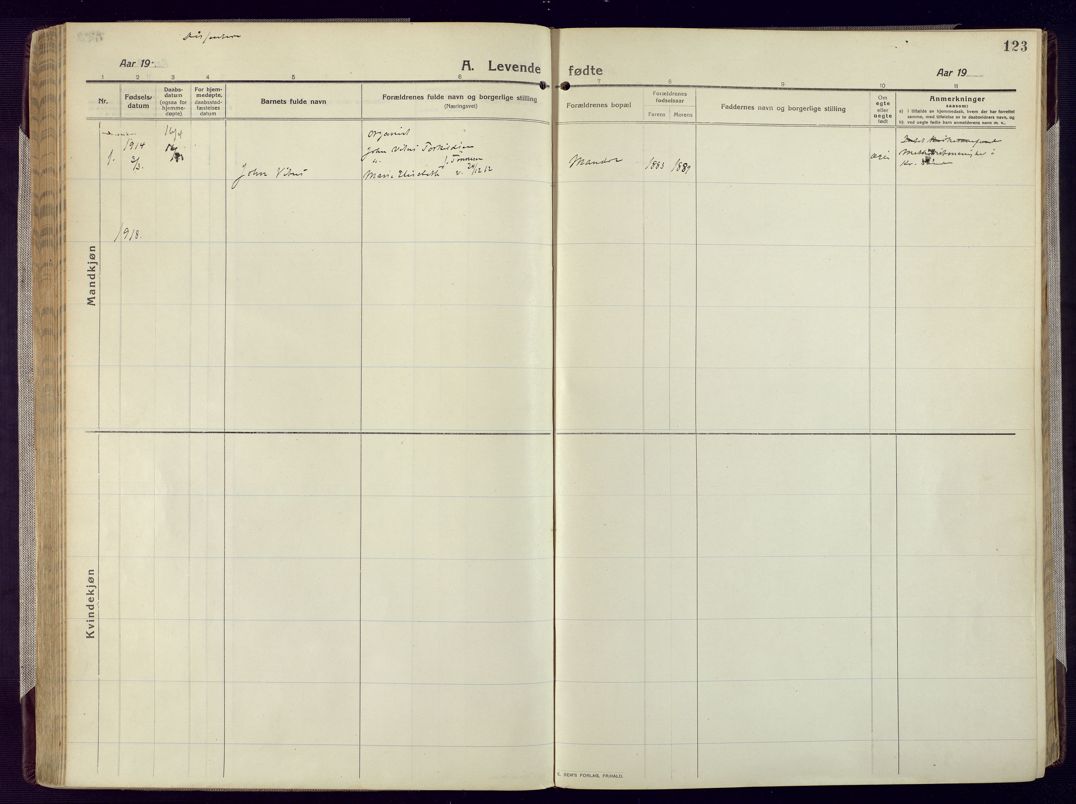 Mandal sokneprestkontor, SAK/1111-0030/F/Fa/Fac/L0001: Parish register (official) no. A 1, 1913-1925, p. 123