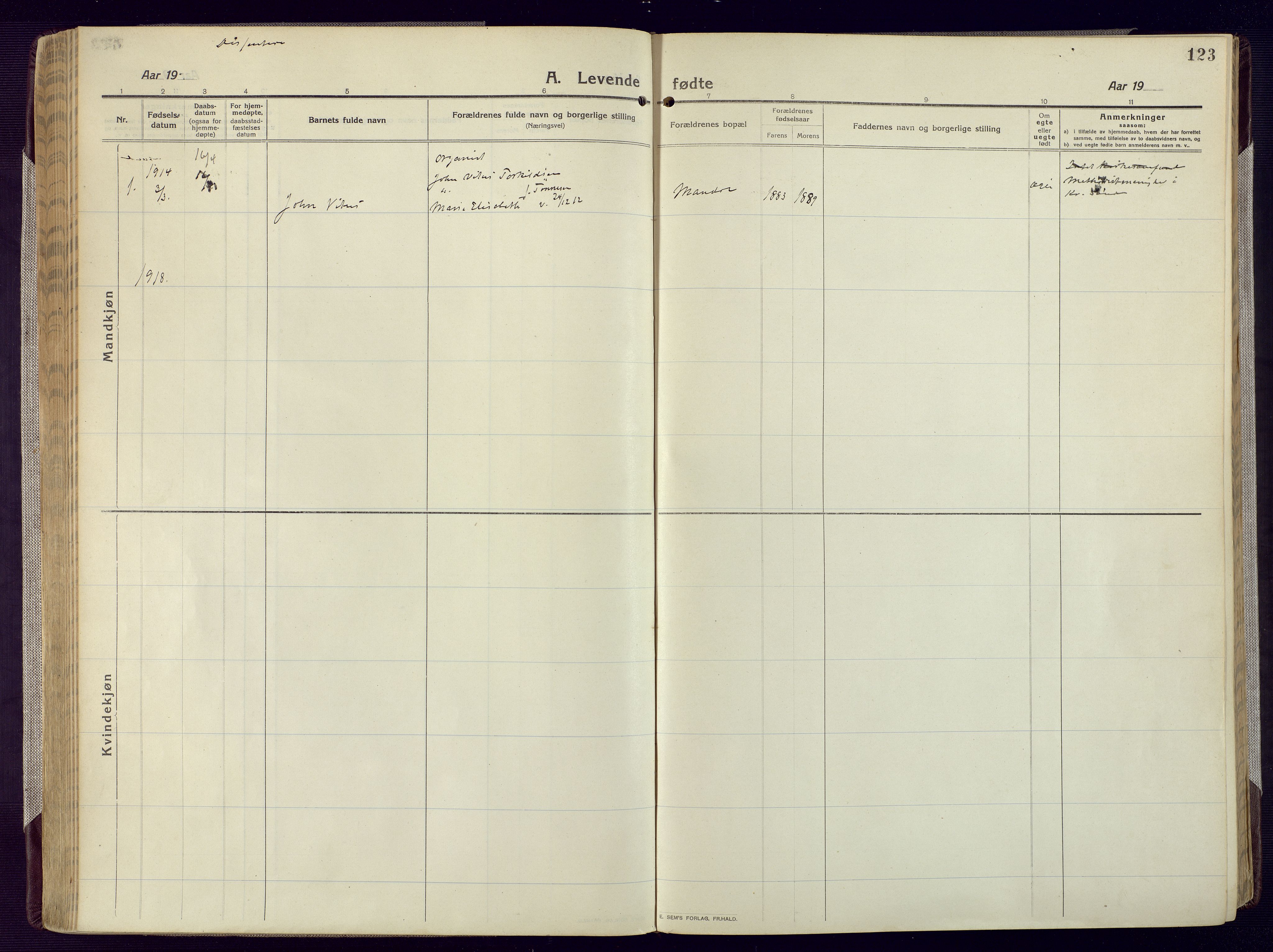 Mandal sokneprestkontor, AV/SAK-1111-0030/F/Fa/Fac/L0001: Parish register (official) no. A 1, 1913-1925, p. 123