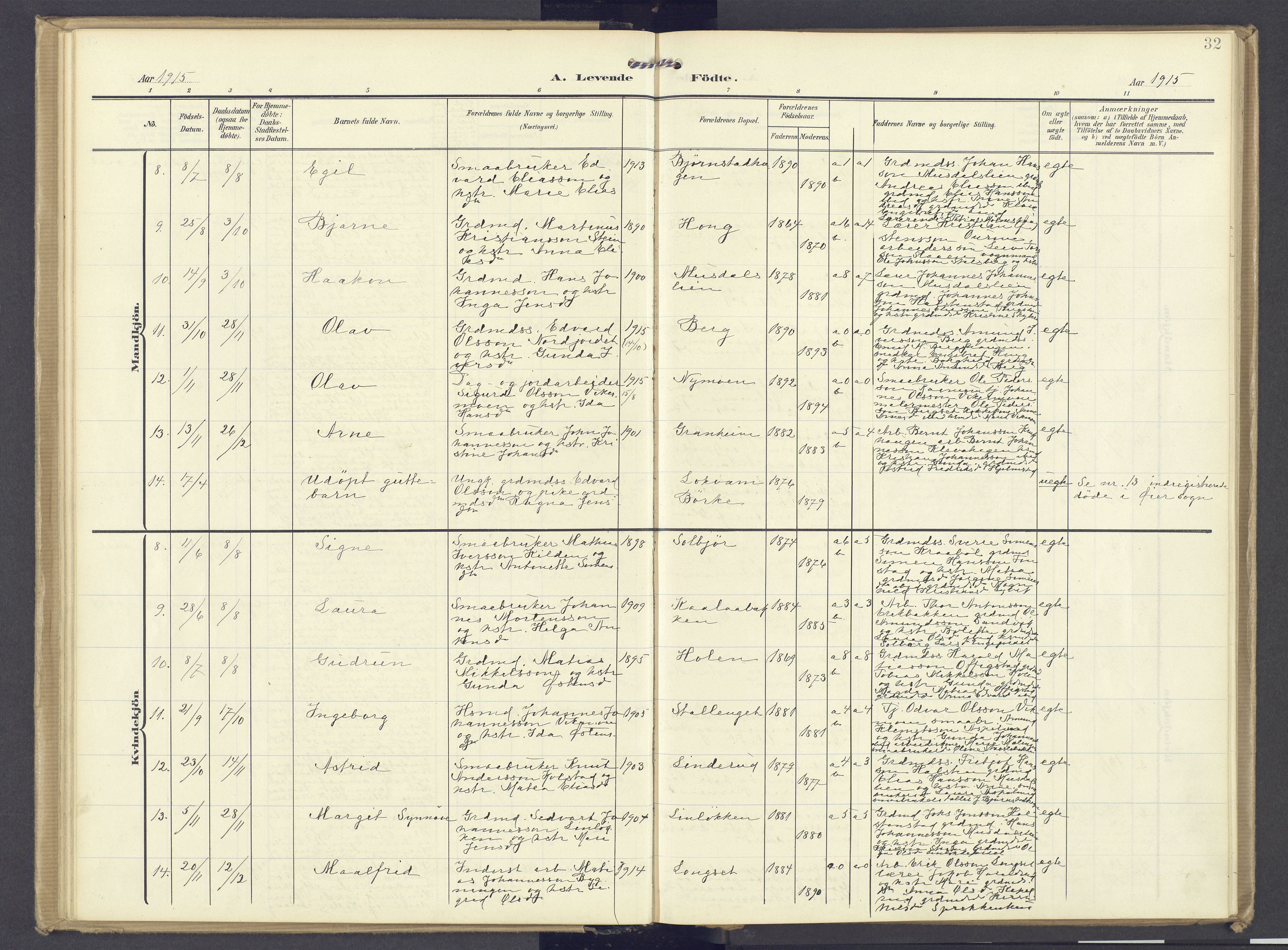 Øyer prestekontor, AV/SAH-PREST-084/H/Ha/Haa/L0013: Parish register (official) no. 13, 1905-1920, p. 32