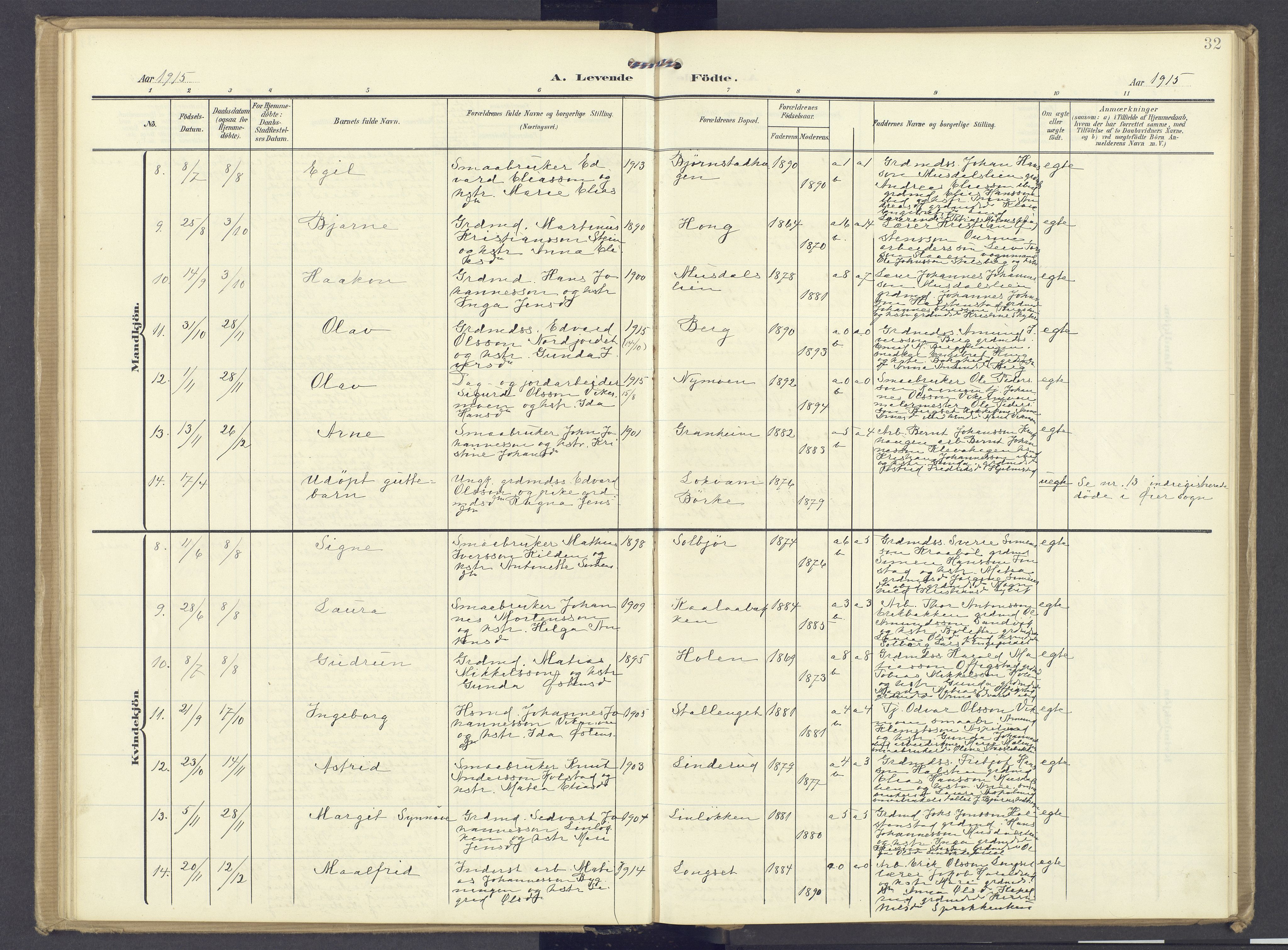 Øyer prestekontor, SAH/PREST-084/H/Ha/Haa/L0013: Parish register (official) no. 13, 1905-1920, p. 32