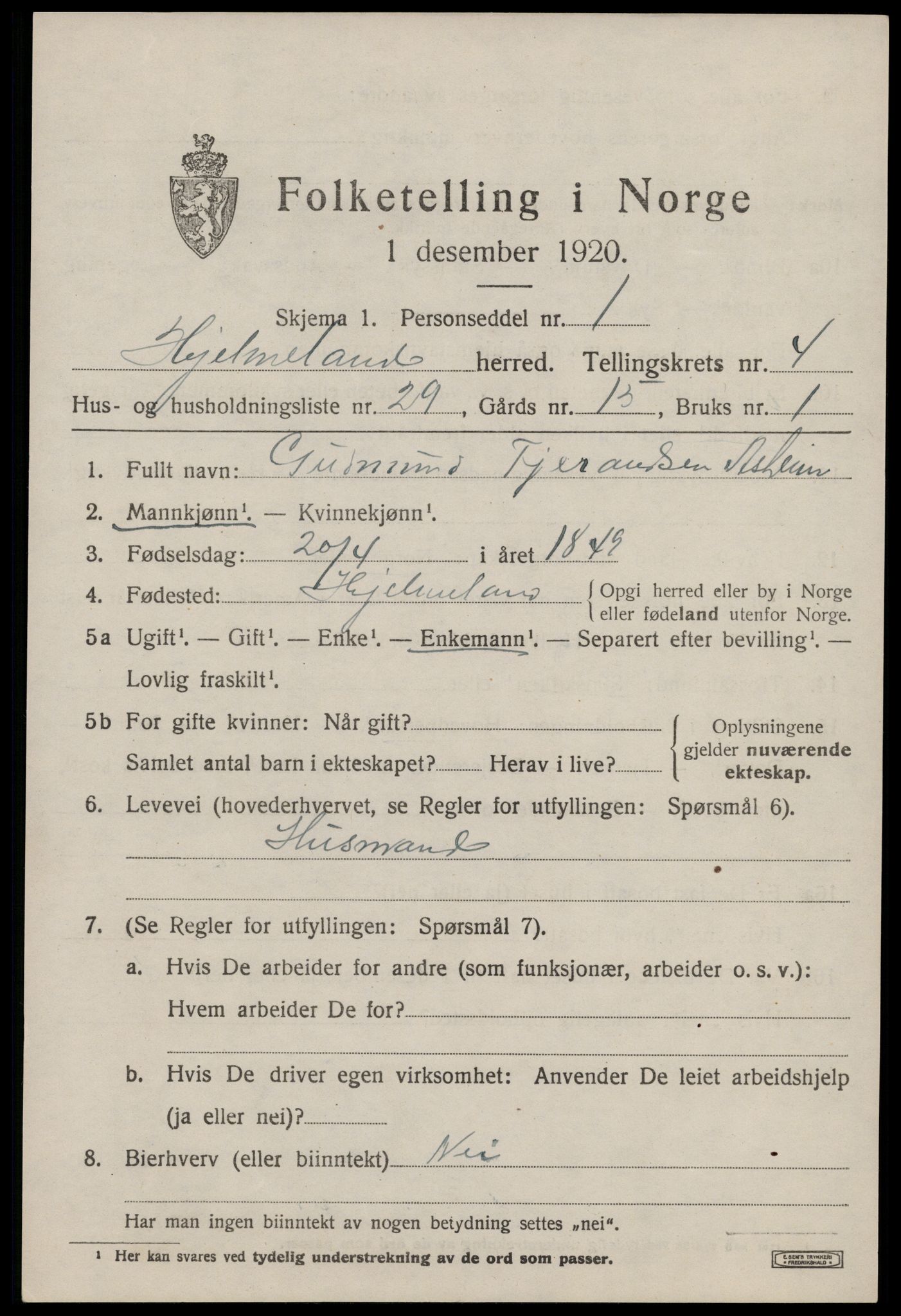 SAST, 1920 census for Hjelmeland, 1920, p. 1805