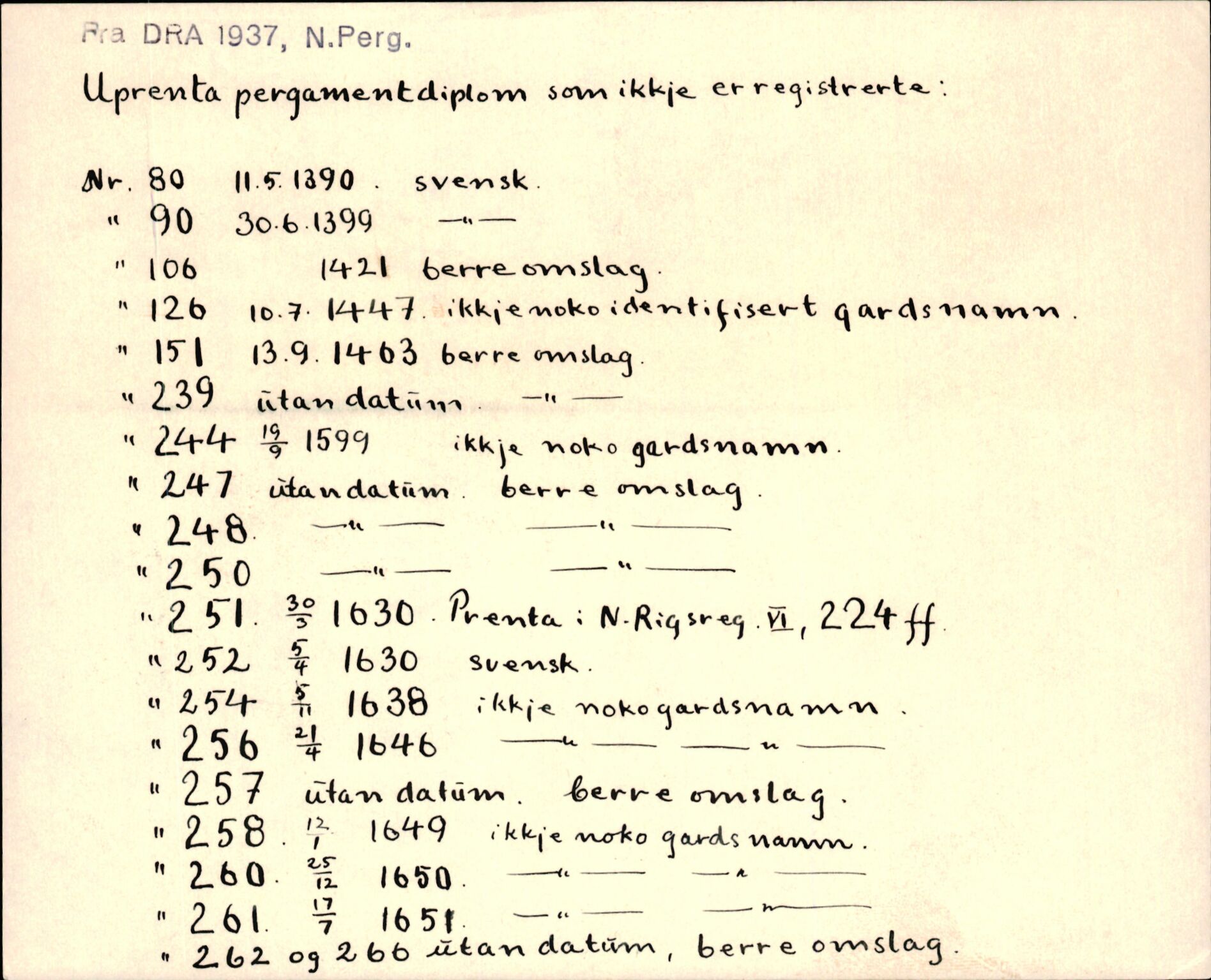 Riksarkivets diplomsamling, AV/RA-EA-5965/F35/F35f/L0003: Regestsedler: Diplomer fra DRA 1937 og 1996, p. 7