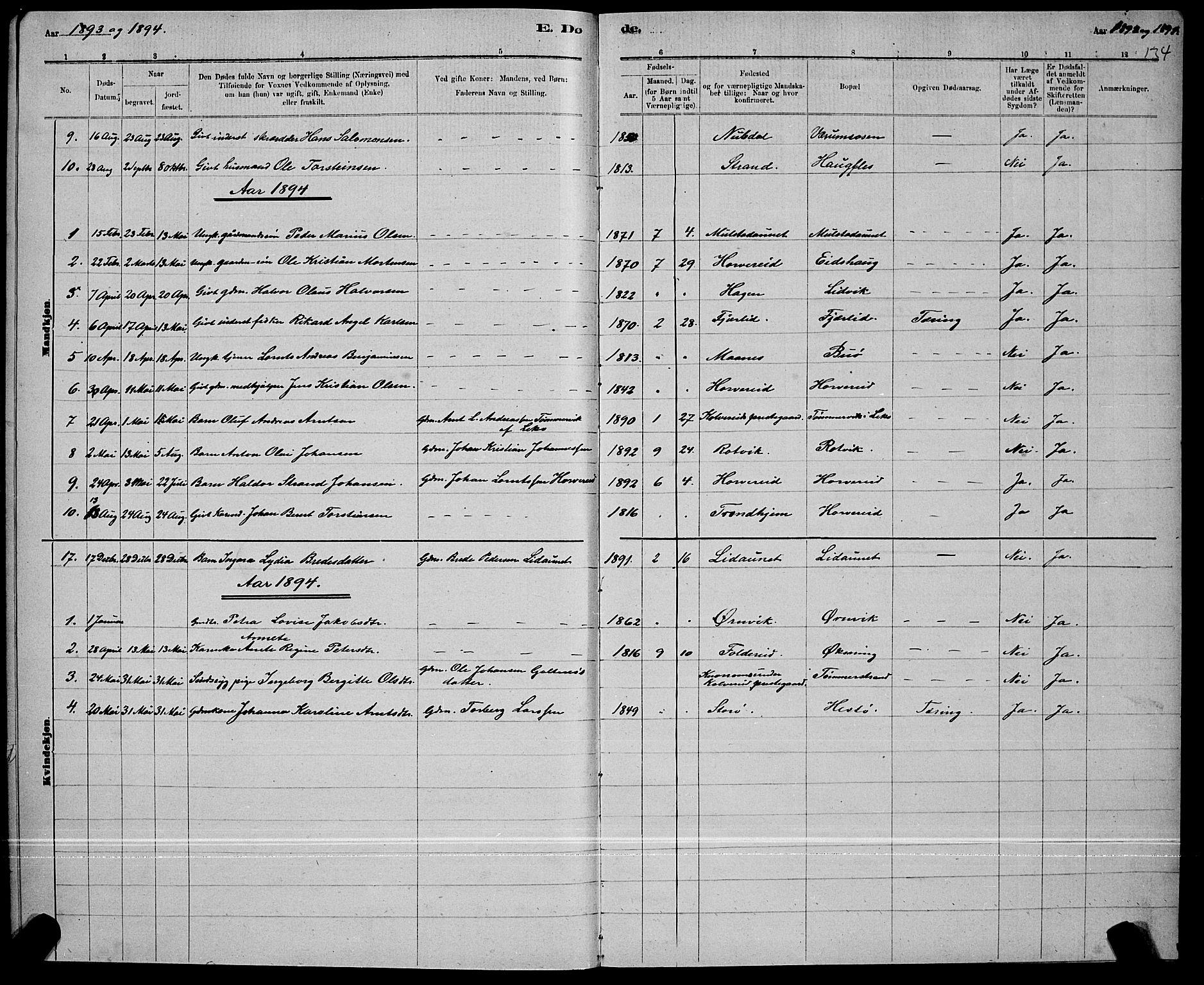 Ministerialprotokoller, klokkerbøker og fødselsregistre - Nord-Trøndelag, SAT/A-1458/780/L0651: Parish register (copy) no. 780C03, 1884-1898, p. 134