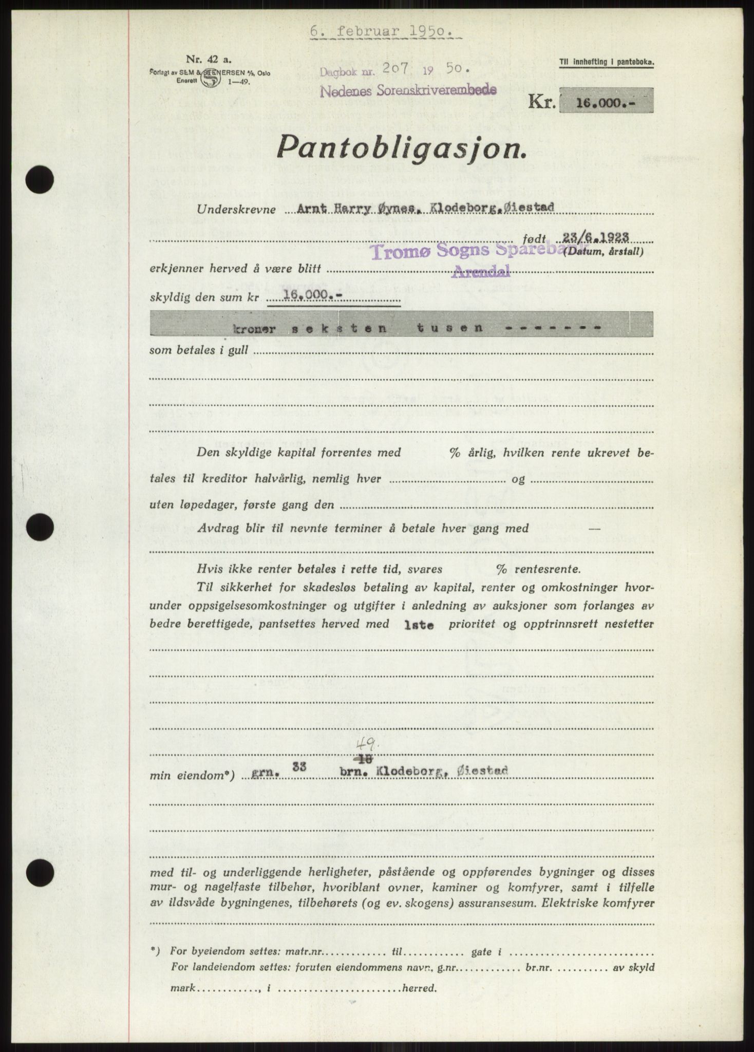 Nedenes sorenskriveri, AV/SAK-1221-0006/G/Gb/Gbb/L0007: Mortgage book no. B7, 1949-1950, Diary no: : 207/1950