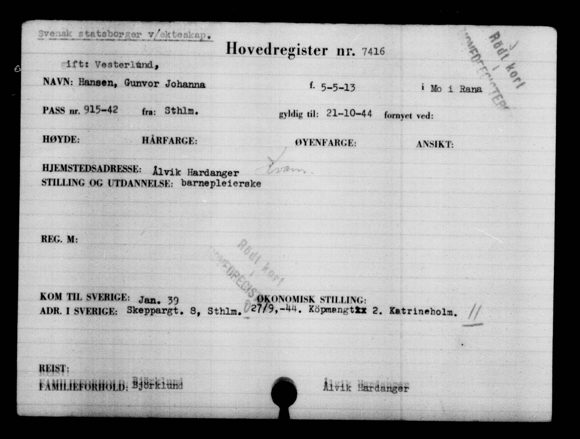 Utenriksstasjonene, Legasjonen i Stockholm, Flyktningkontoret, AV/RA-S-6753/V/Va/L0005: Kjesäterkartoteket, flyktninger med registreringsnr. 6600-9417, 1940-1945, p. 958