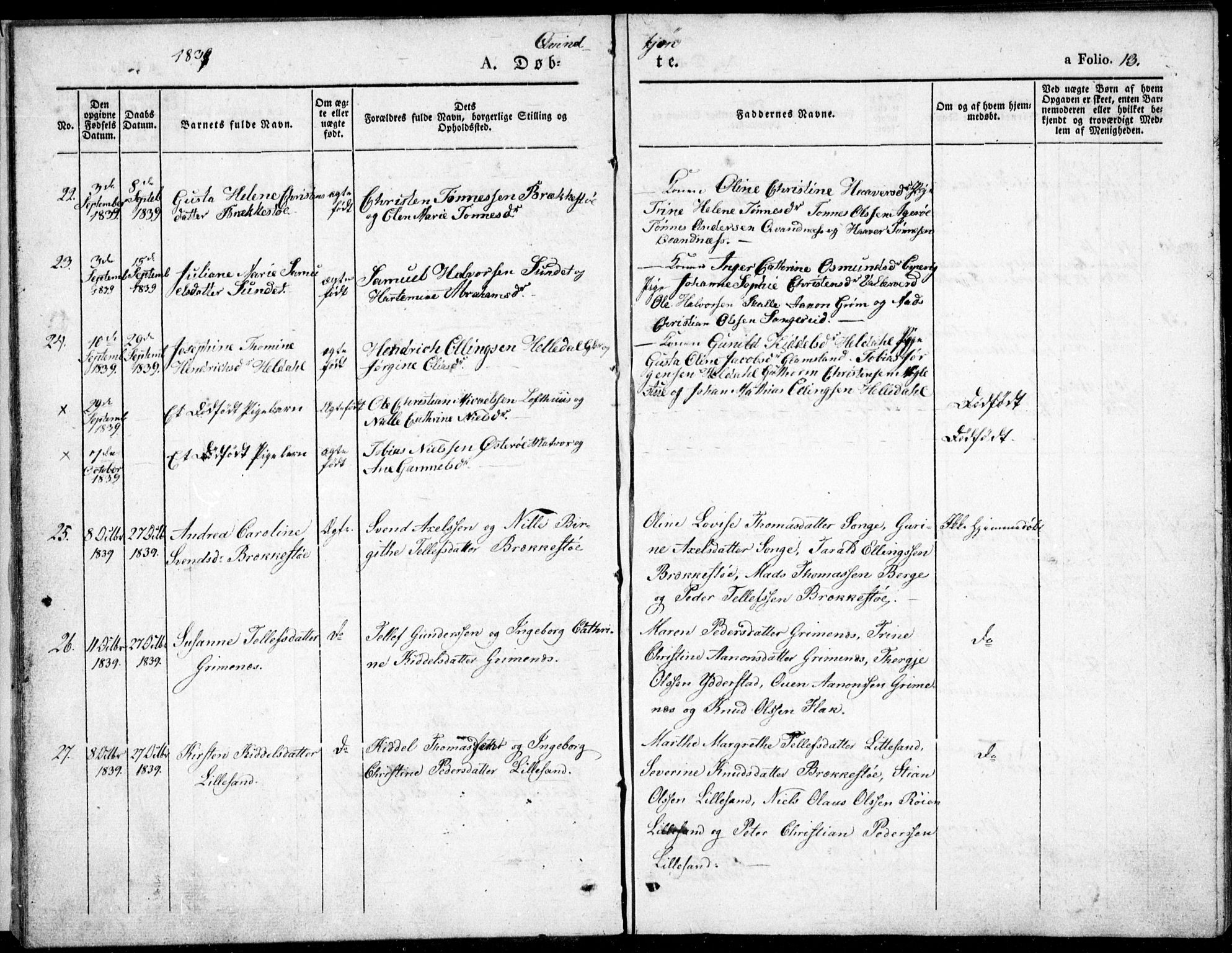 Vestre Moland sokneprestkontor, AV/SAK-1111-0046/F/Fb/Fbb/L0002: Parish register (copy) no. B 2, 1836-1851, p. 13