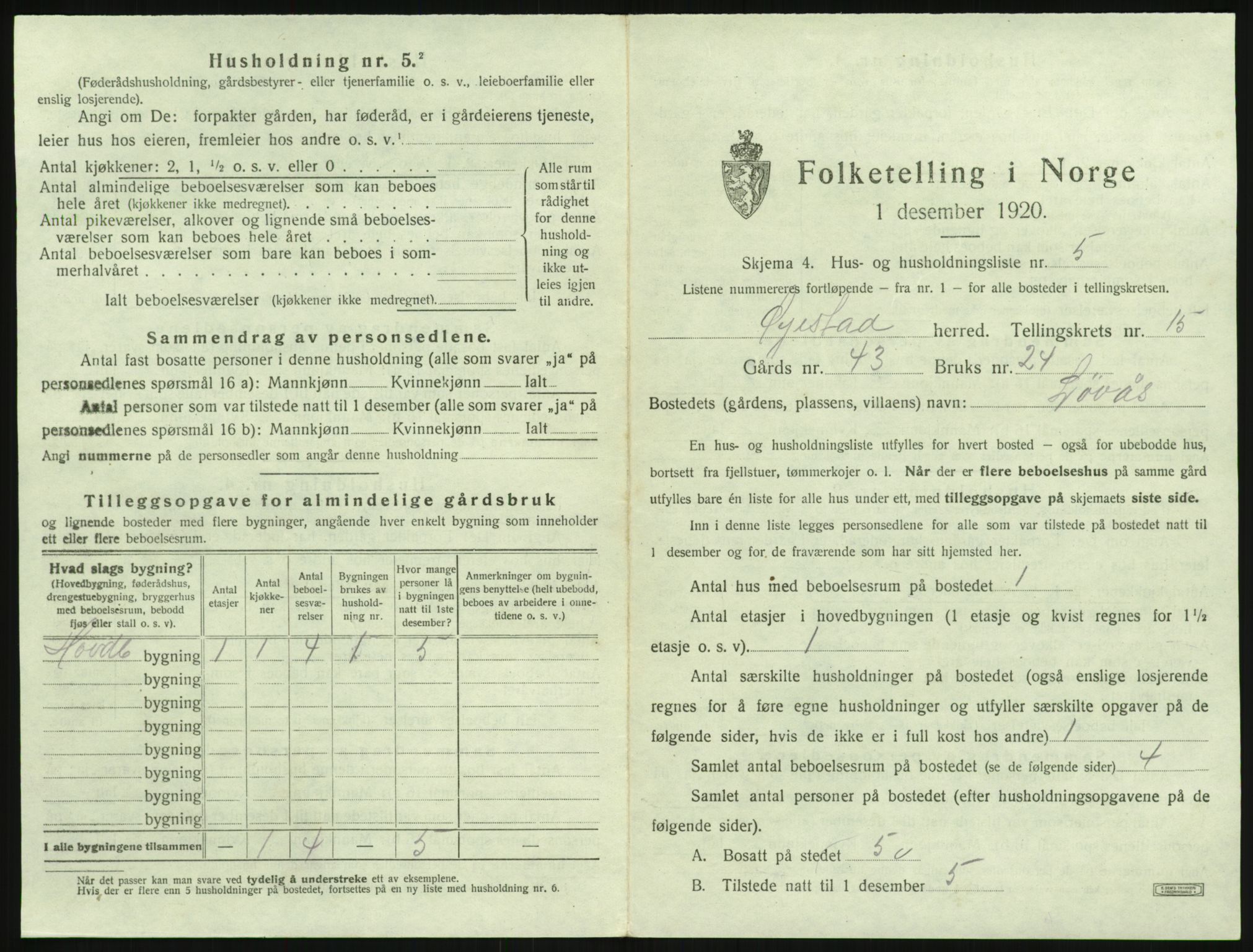 SAK, 1920 census for Øyestad, 1920, p. 1724