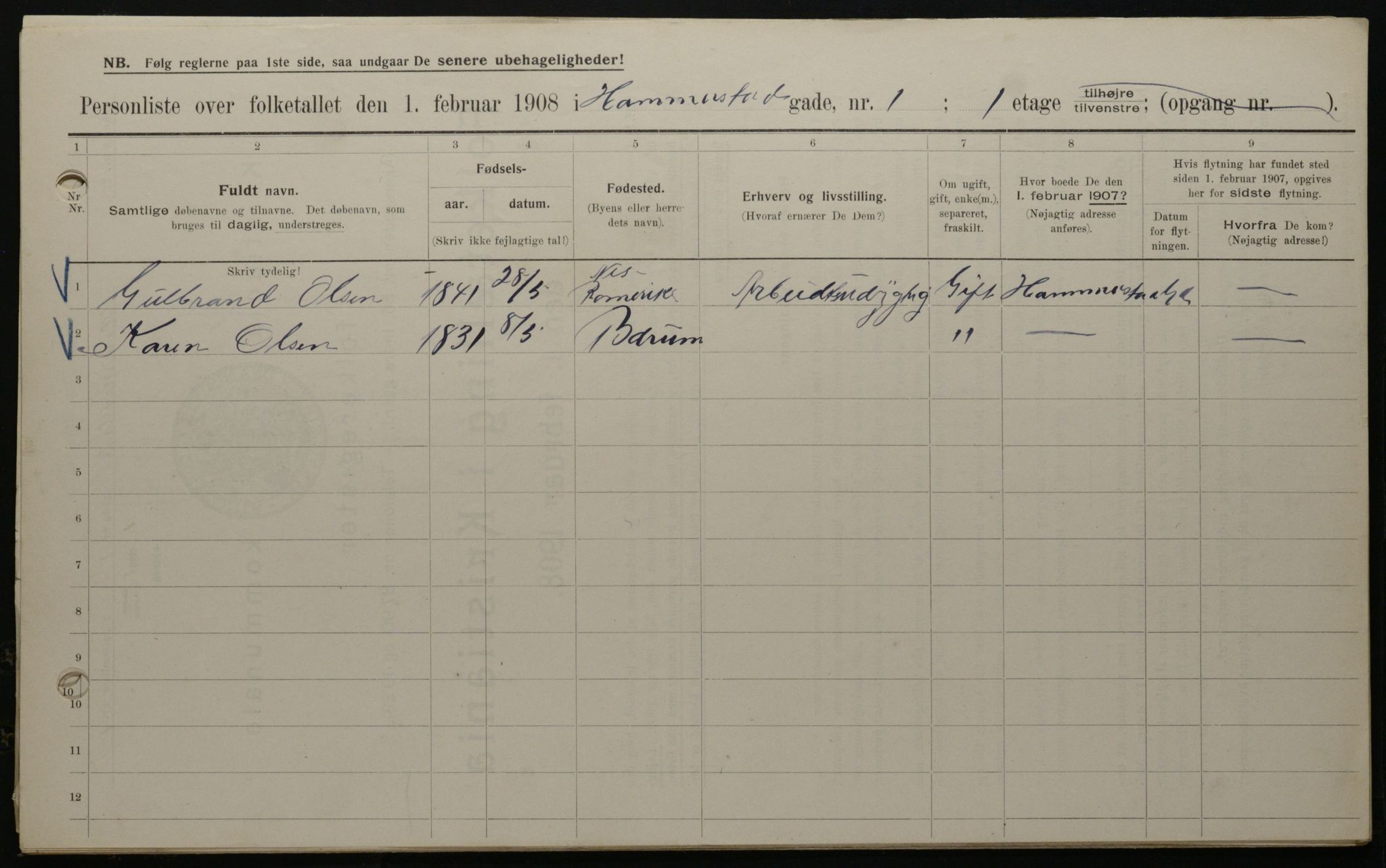 OBA, Municipal Census 1908 for Kristiania, 1908, p. 31113