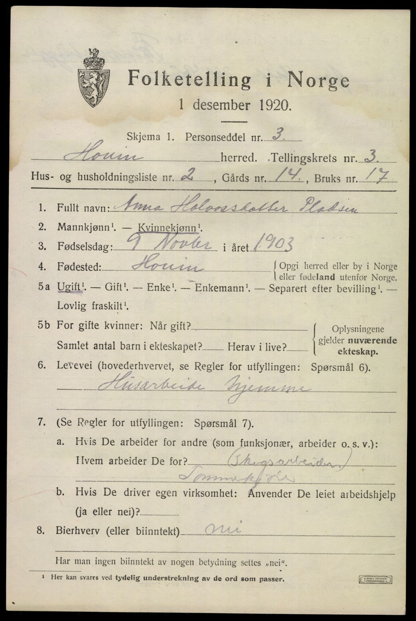 SAKO, 1920 census for Hovin, 1920, p. 989