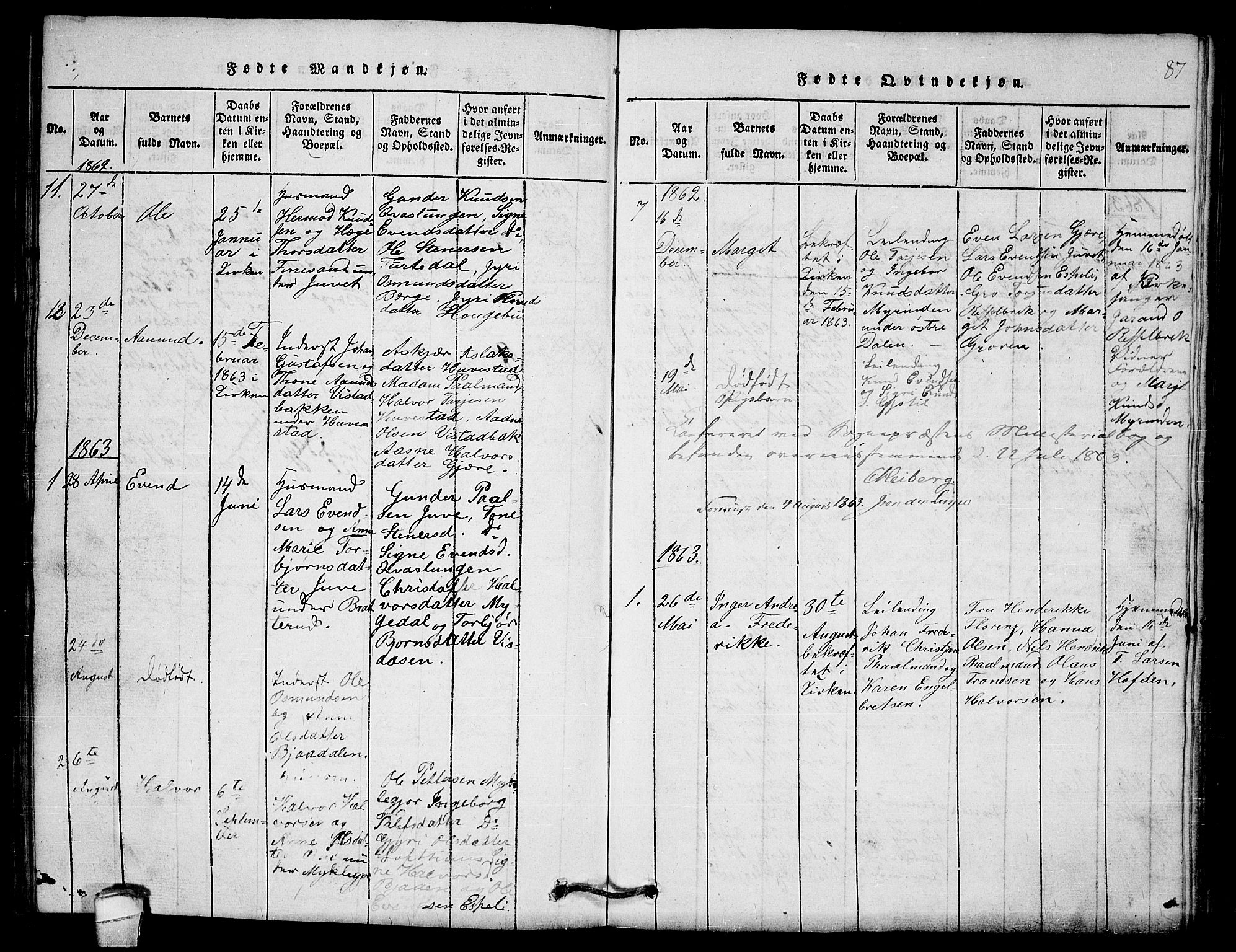 Lårdal kirkebøker, SAKO/A-284/G/Gb/L0001: Parish register (copy) no. II 1, 1815-1865, p. 87