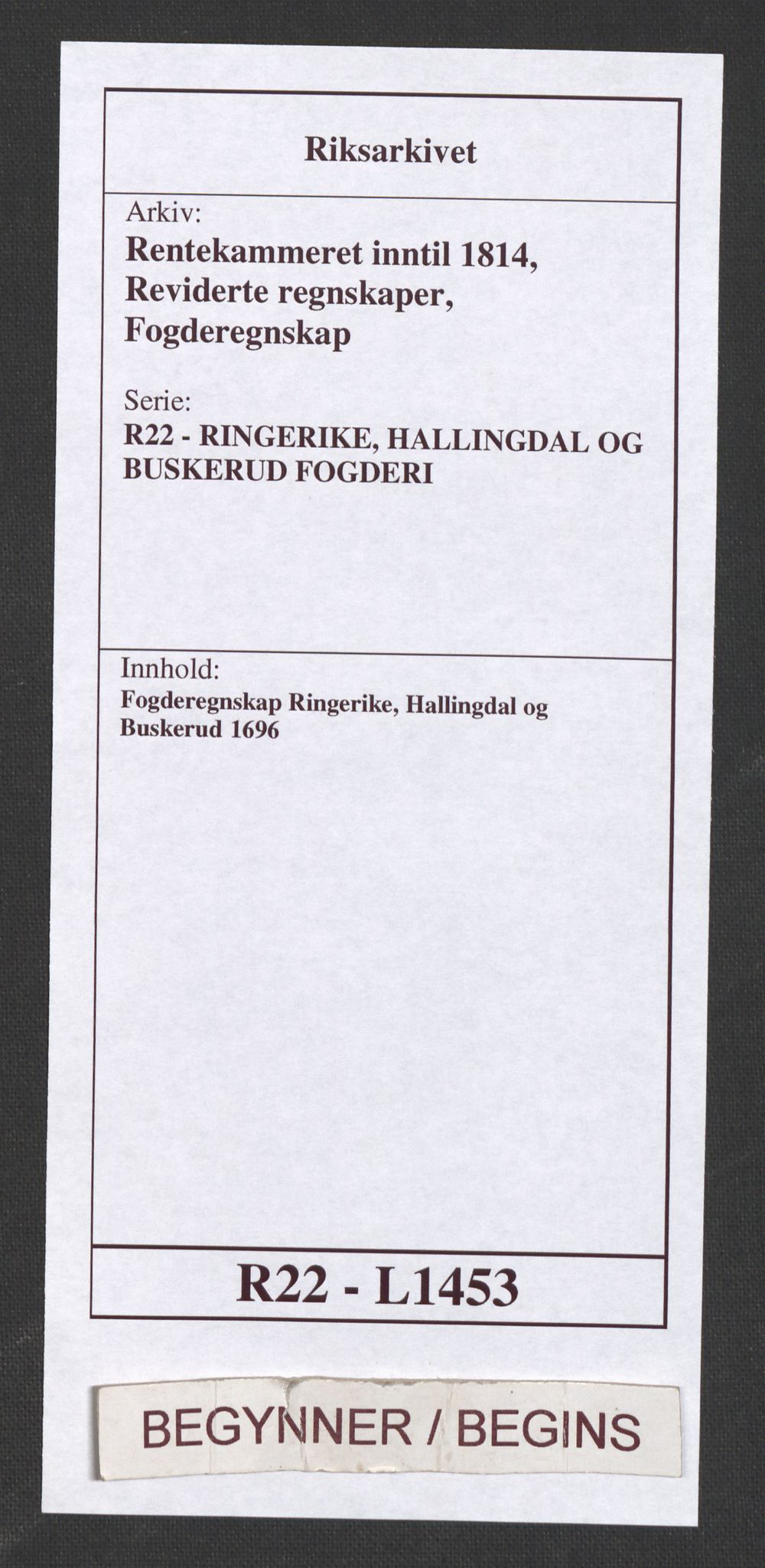 Rentekammeret inntil 1814, Reviderte regnskaper, Fogderegnskap, AV/RA-EA-4092/R22/L1453: Fogderegnskap Ringerike, Hallingdal og Buskerud, 1696, p. 1