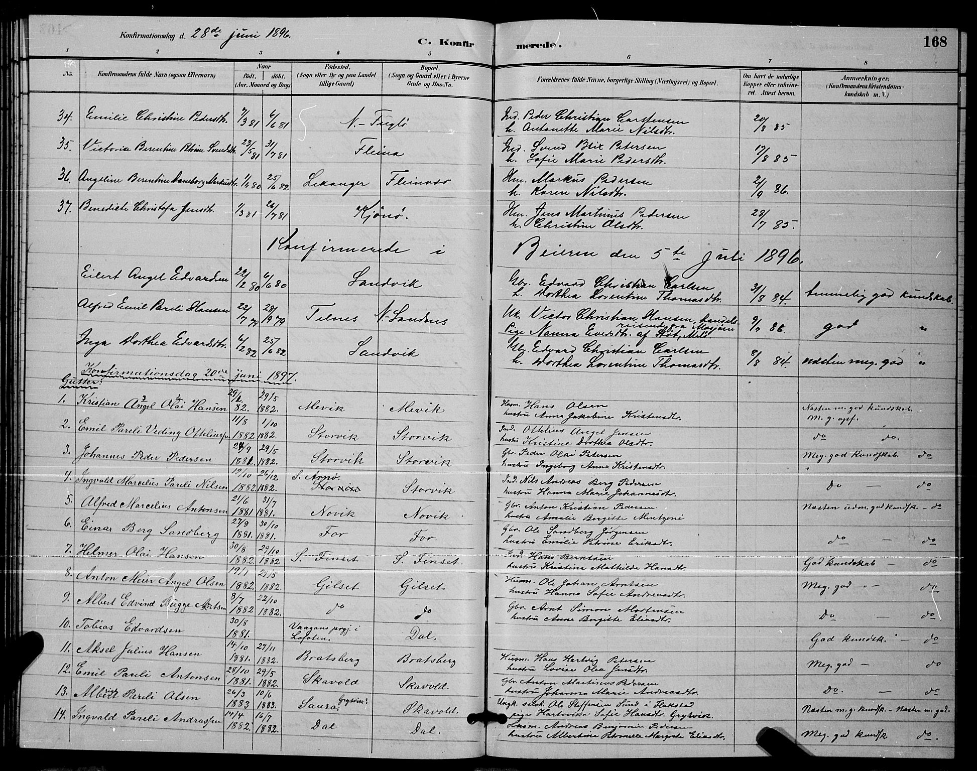 Ministerialprotokoller, klokkerbøker og fødselsregistre - Nordland, AV/SAT-A-1459/805/L0108: Parish register (copy) no. 805C04, 1885-1899, p. 168