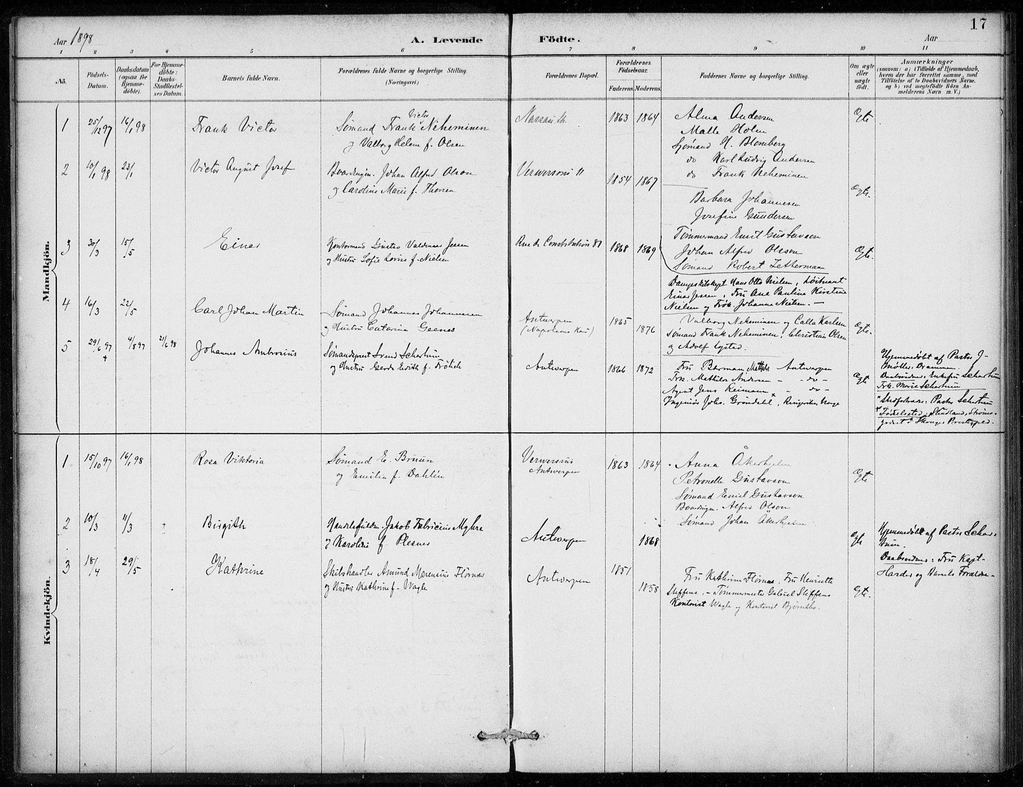 Den norske sjømannsmisjon i utlandet/Antwerpen, SAB/SAB/PA-0105/H/Ha/L0002: Parish register (official) no. A 2, 1887-1913, p. 17