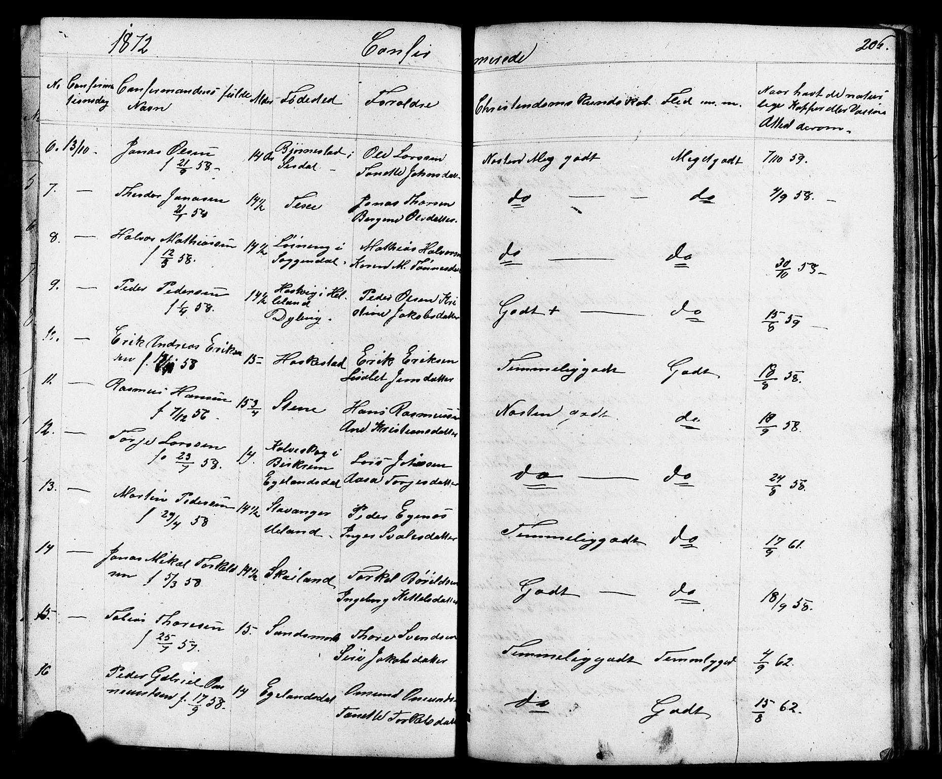 Lund sokneprestkontor, AV/SAST-A-101809/S07/L0004: Parish register (copy) no. B 4, 1854-1874, p. 206