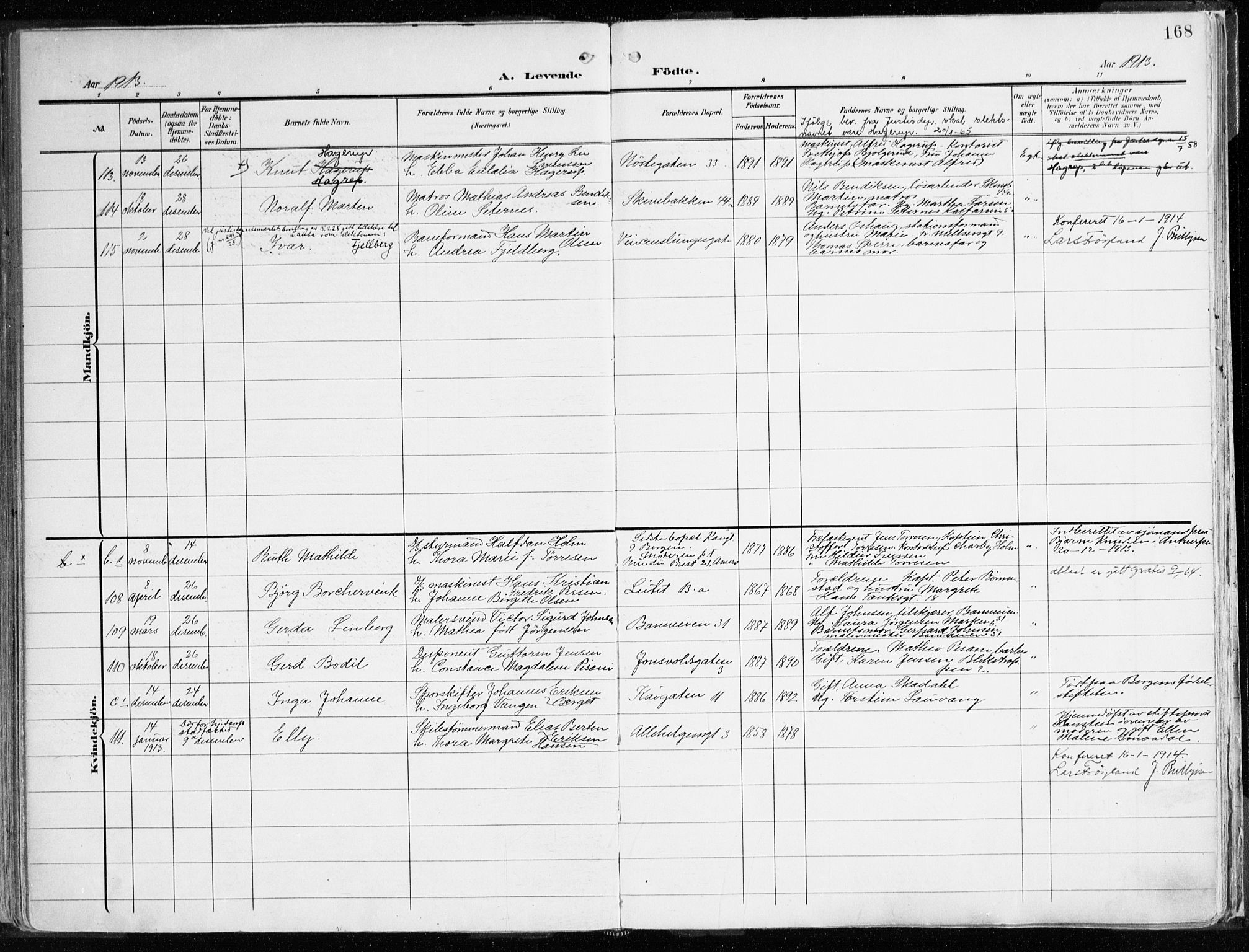 Domkirken sokneprestembete, AV/SAB-A-74801/H/Haa/L0025: Parish register (official) no. B 8, 1903-1925, p. 168