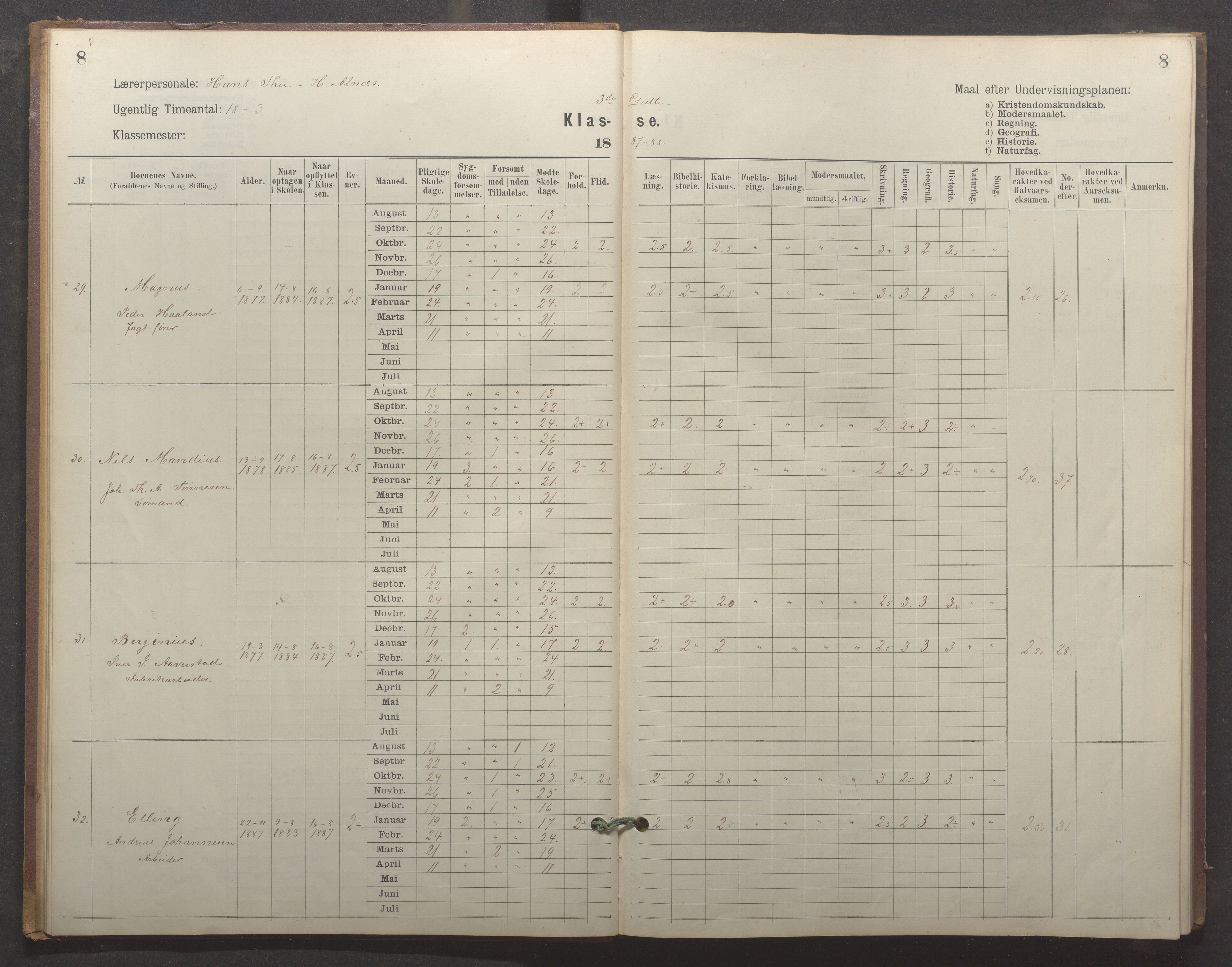 Egersund kommune (Ladested) - Egersund almueskole/folkeskole, IKAR/K-100521/H/L0024: Skoleprotokoll - Almueskolen, 3. klasse, 1887-1892, p. 8