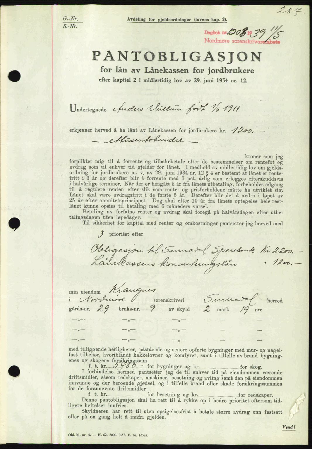 Nordmøre sorenskriveri, AV/SAT-A-4132/1/2/2Ca: Mortgage book no. B85, 1939-1939, Diary no: : 1208/1939