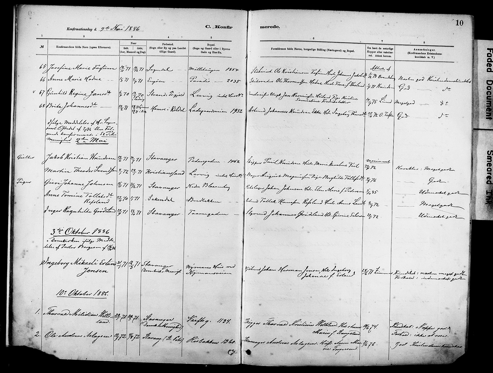St. Johannes sokneprestkontor, SAST/A-101814/001/30/30BA/L0002: Parish register (official) no. A 2, 1885-1899, p. 10